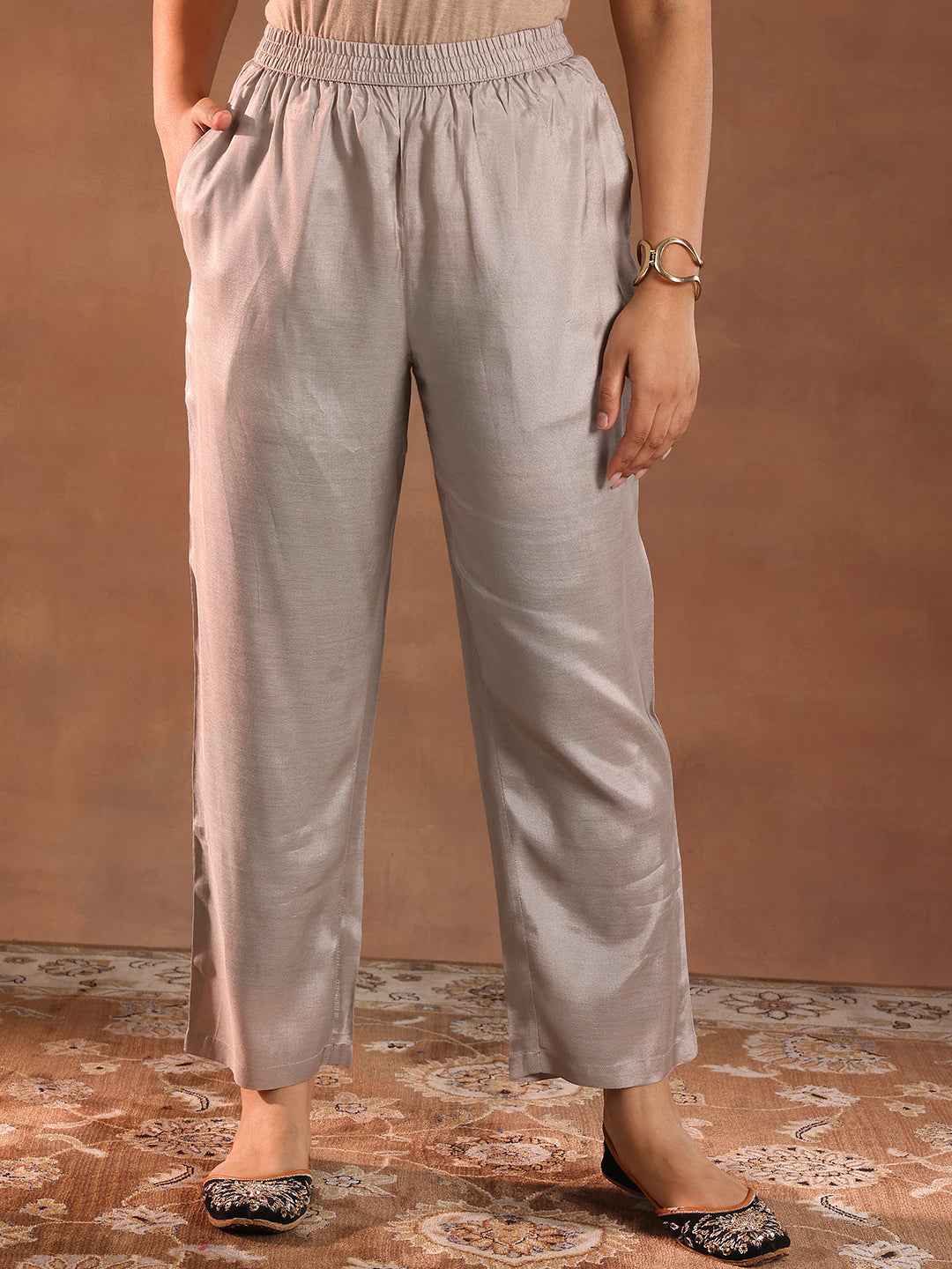 Taupe Yoke Design Tissue Straight Suit With Dupatta