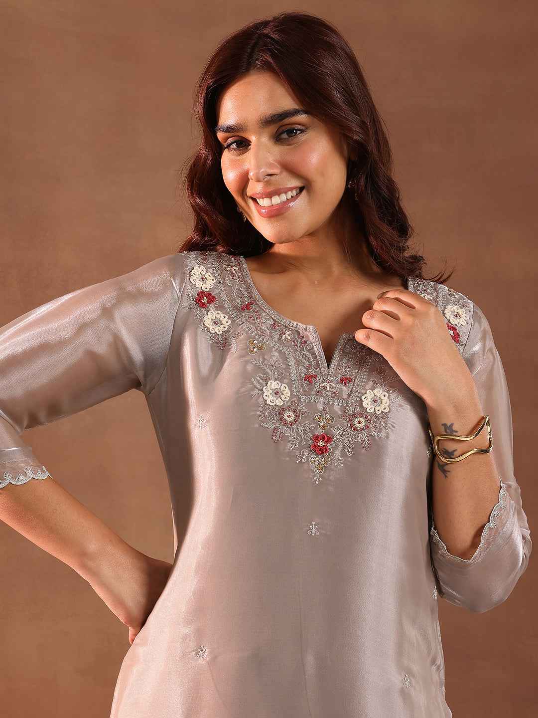 Taupe Yoke Design Tissue Straight Suit With Dupatta