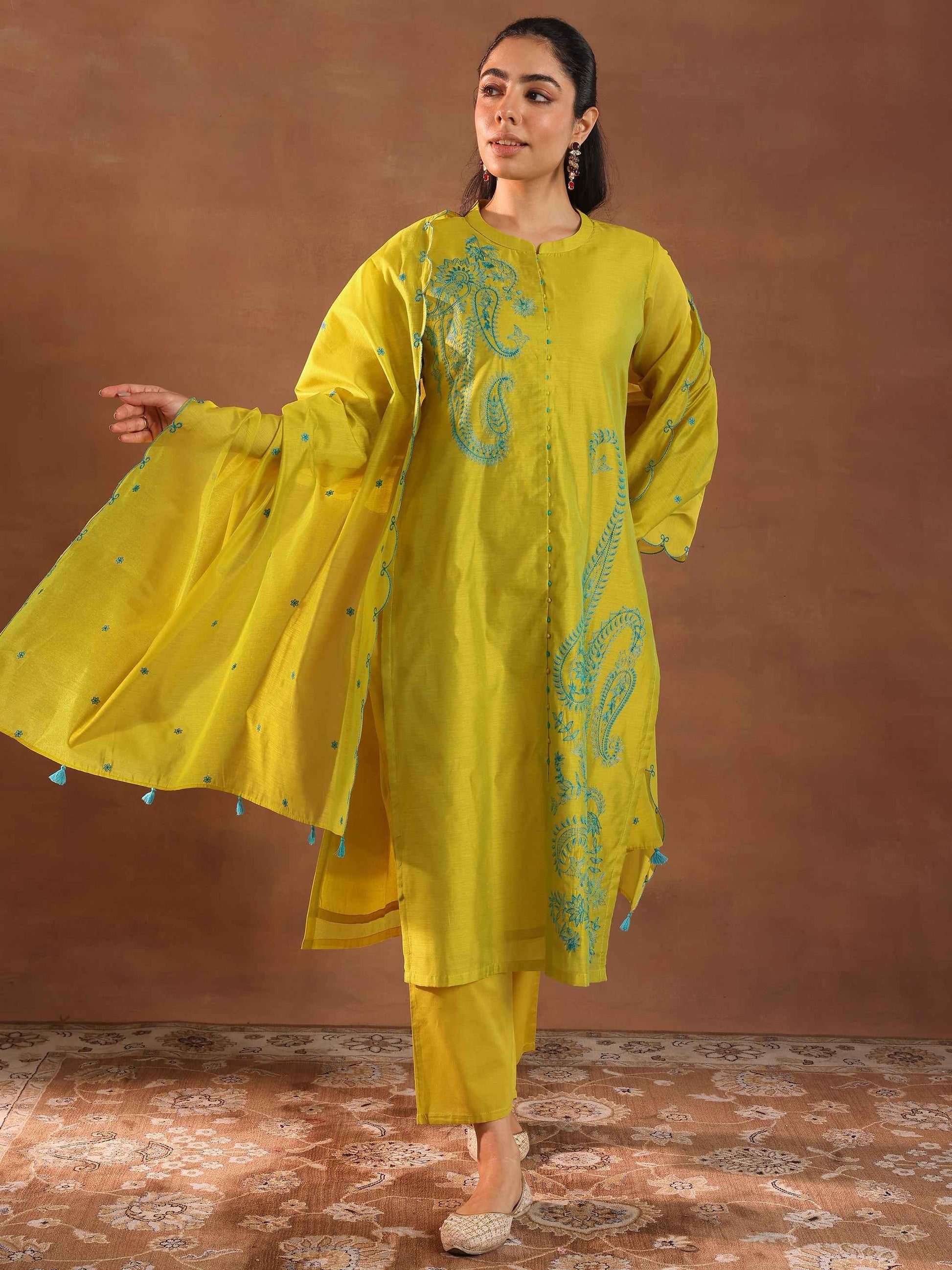 Lime Embroidered Chanderi Silk Straight Suit With Dupatta
