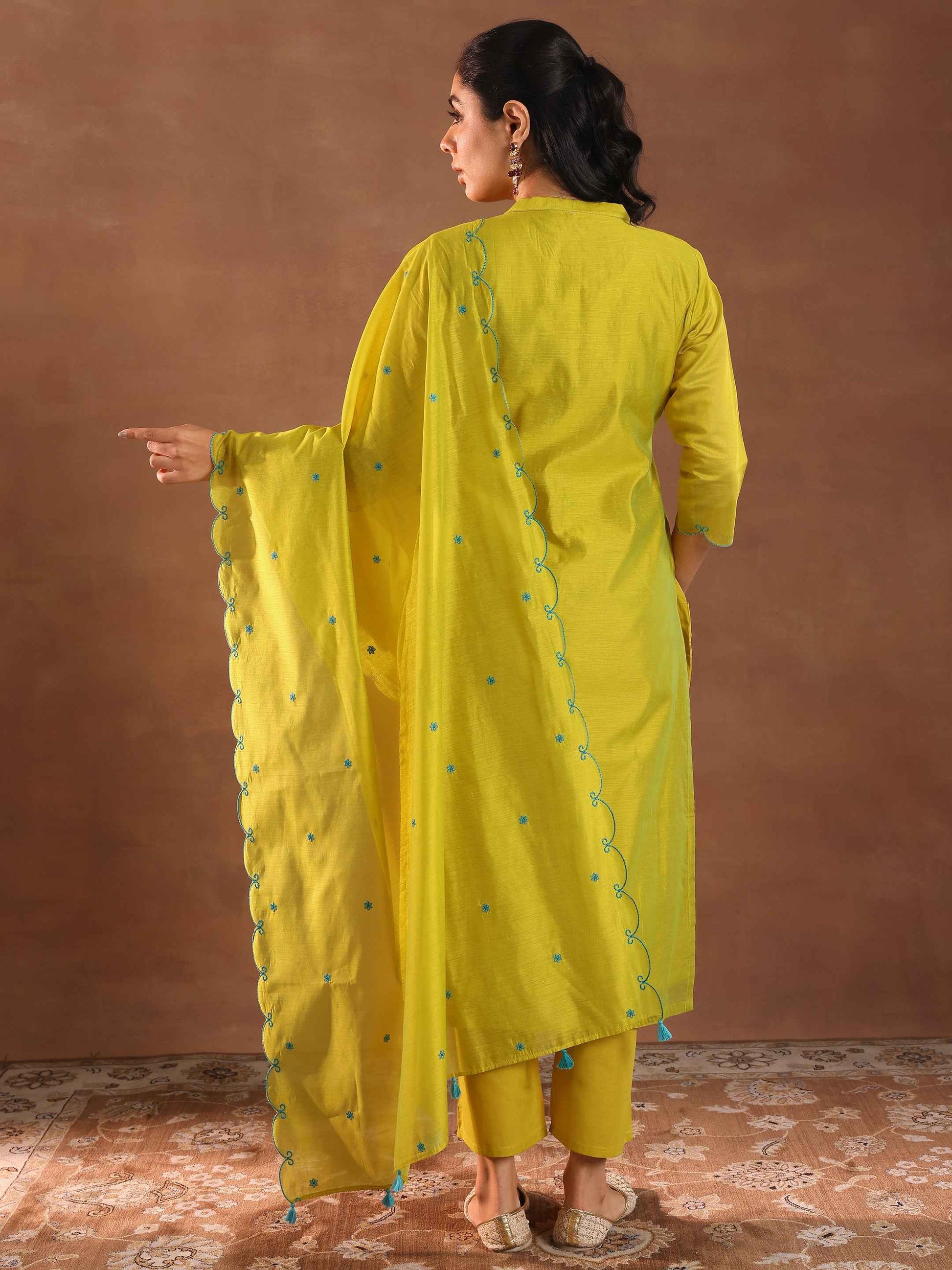 Lime Embroidered Chanderi Silk Straight Suit With Dupatta