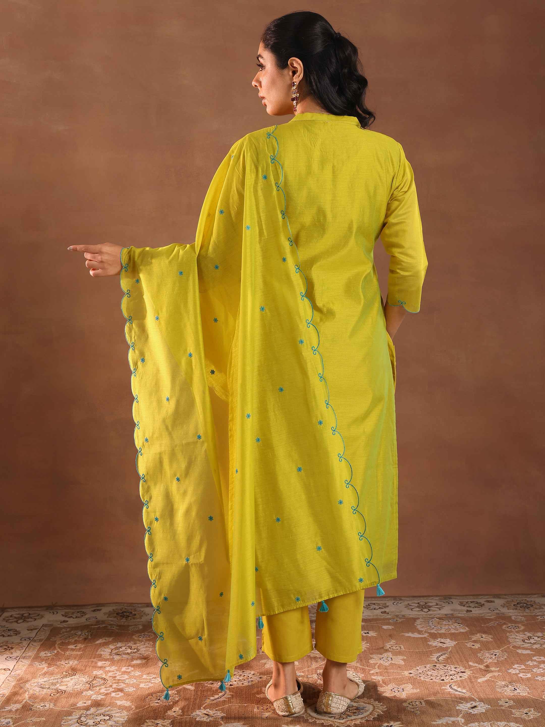 Lime Embroidered Chanderi Silk Straight Suit With Dupatta