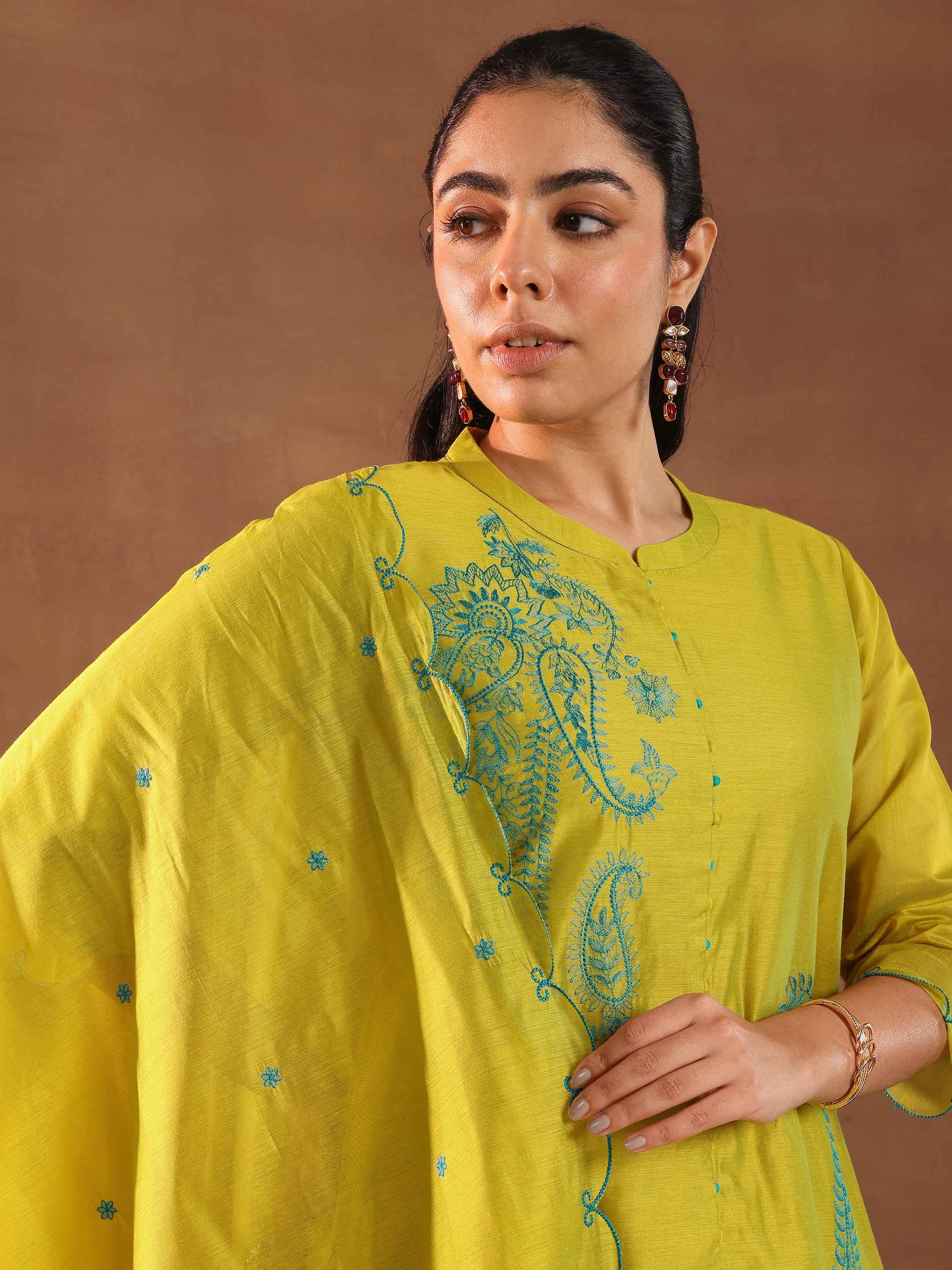Lime Embroidered Chanderi Silk Straight Suit With Dupatta