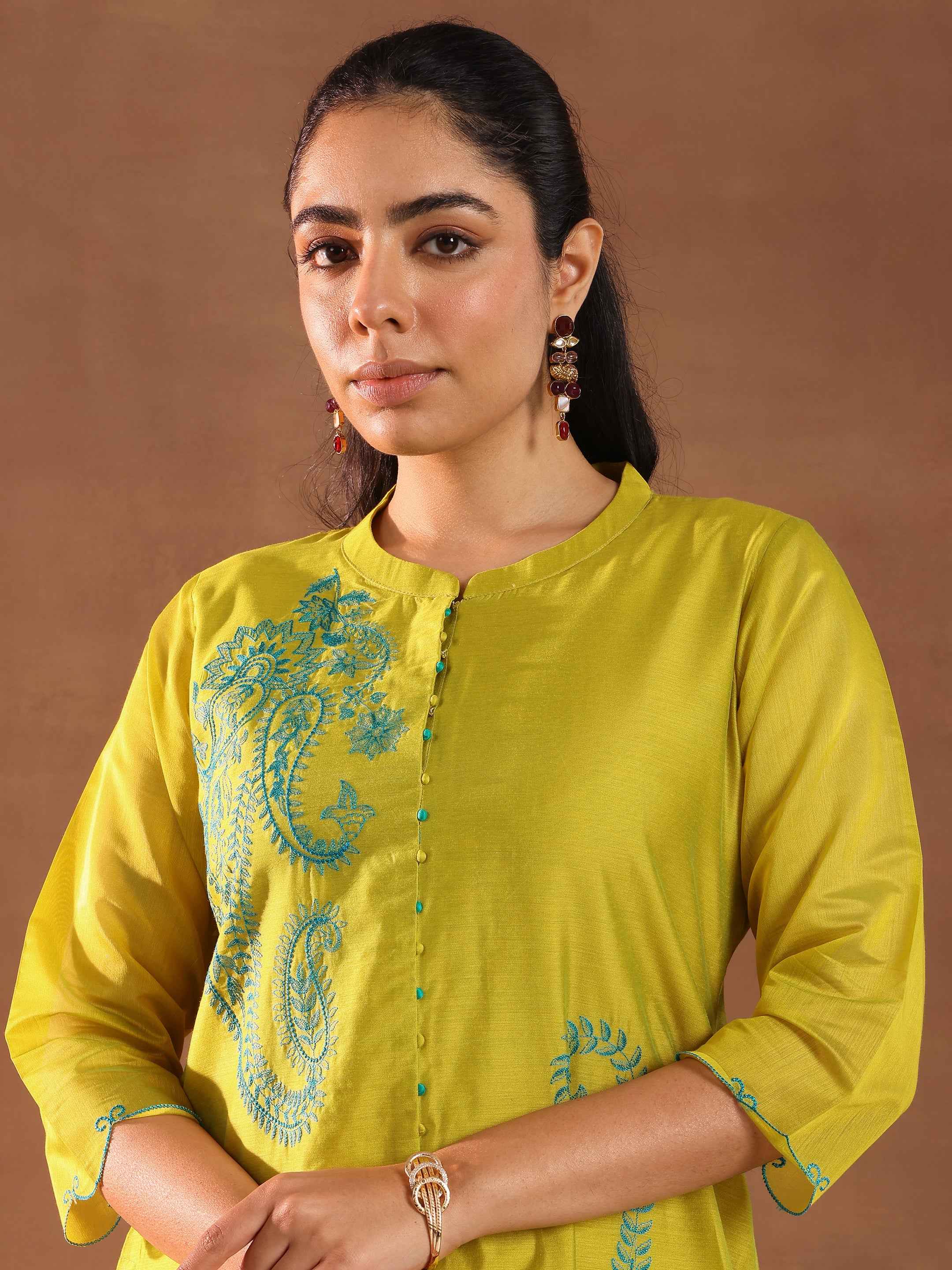 Lime Embroidered Chanderi Silk Straight Suit With Dupatta