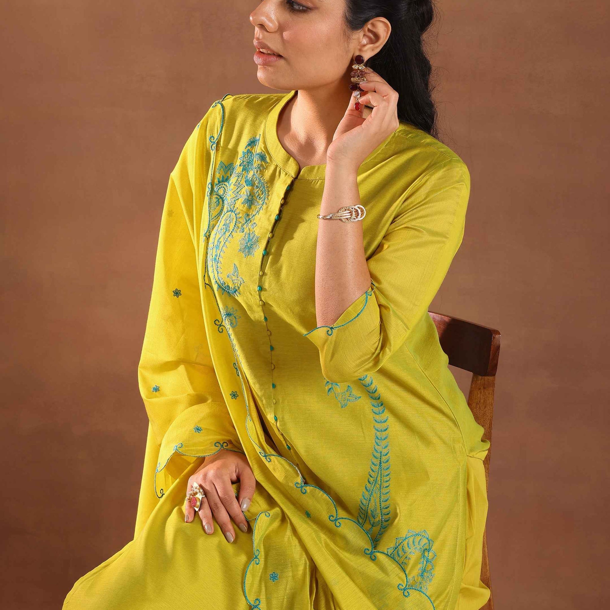 Lime Embroidered Chanderi Silk Straight Suit With Dupatta