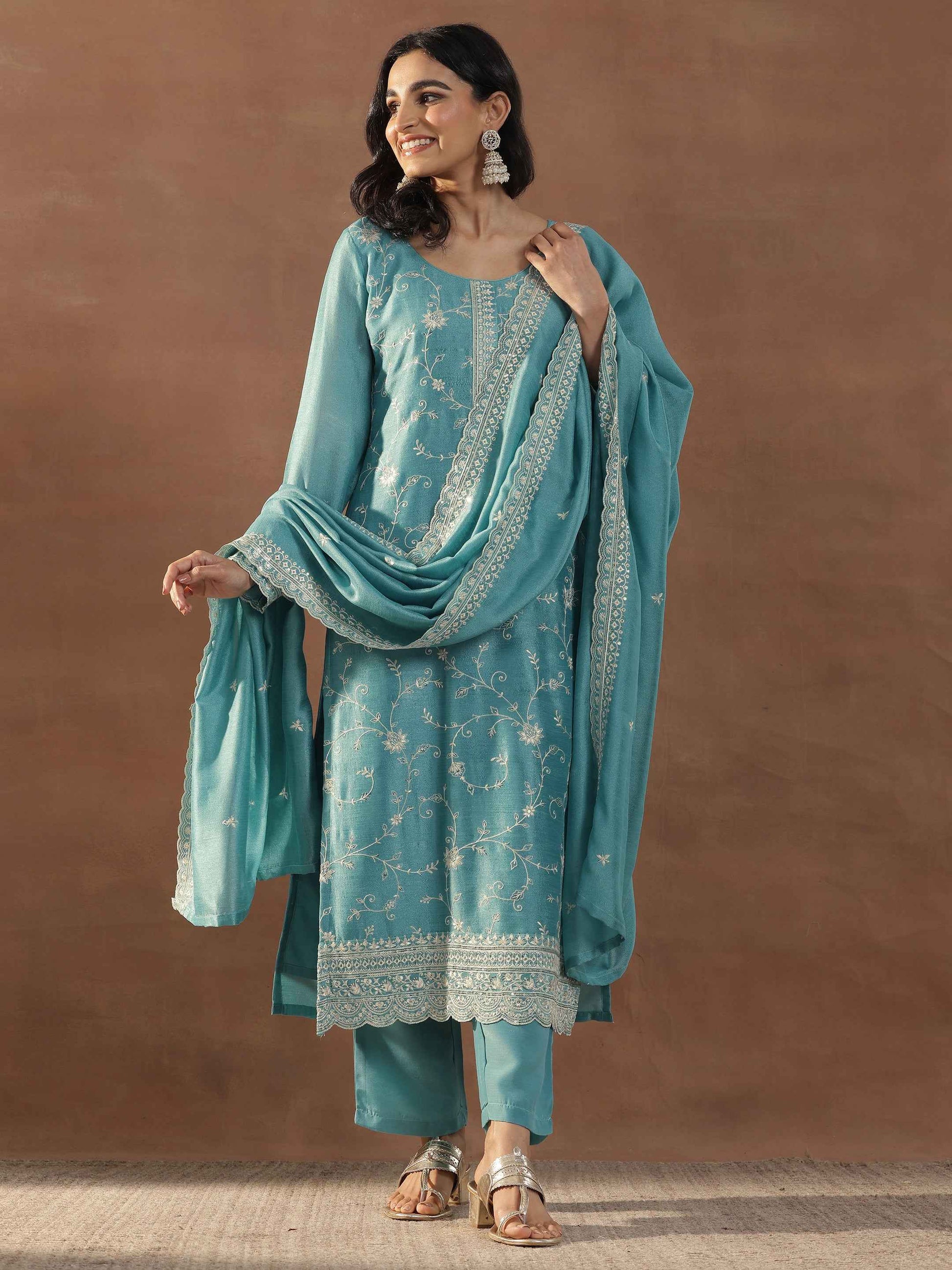 Blue Embroidered Silk Blend Straight Suits With Dupatta