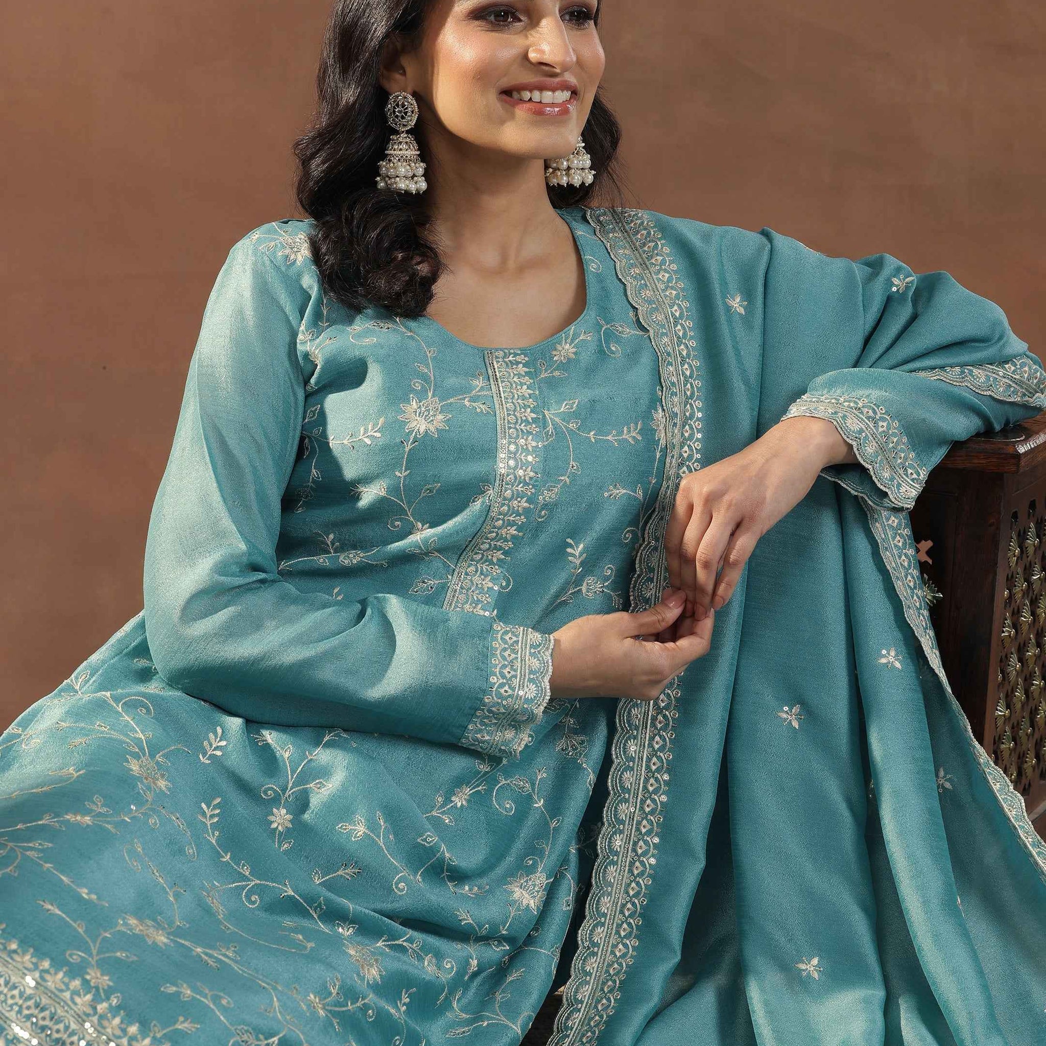 Blue Embroidered Silk Blend Straight Suits With Dupatta