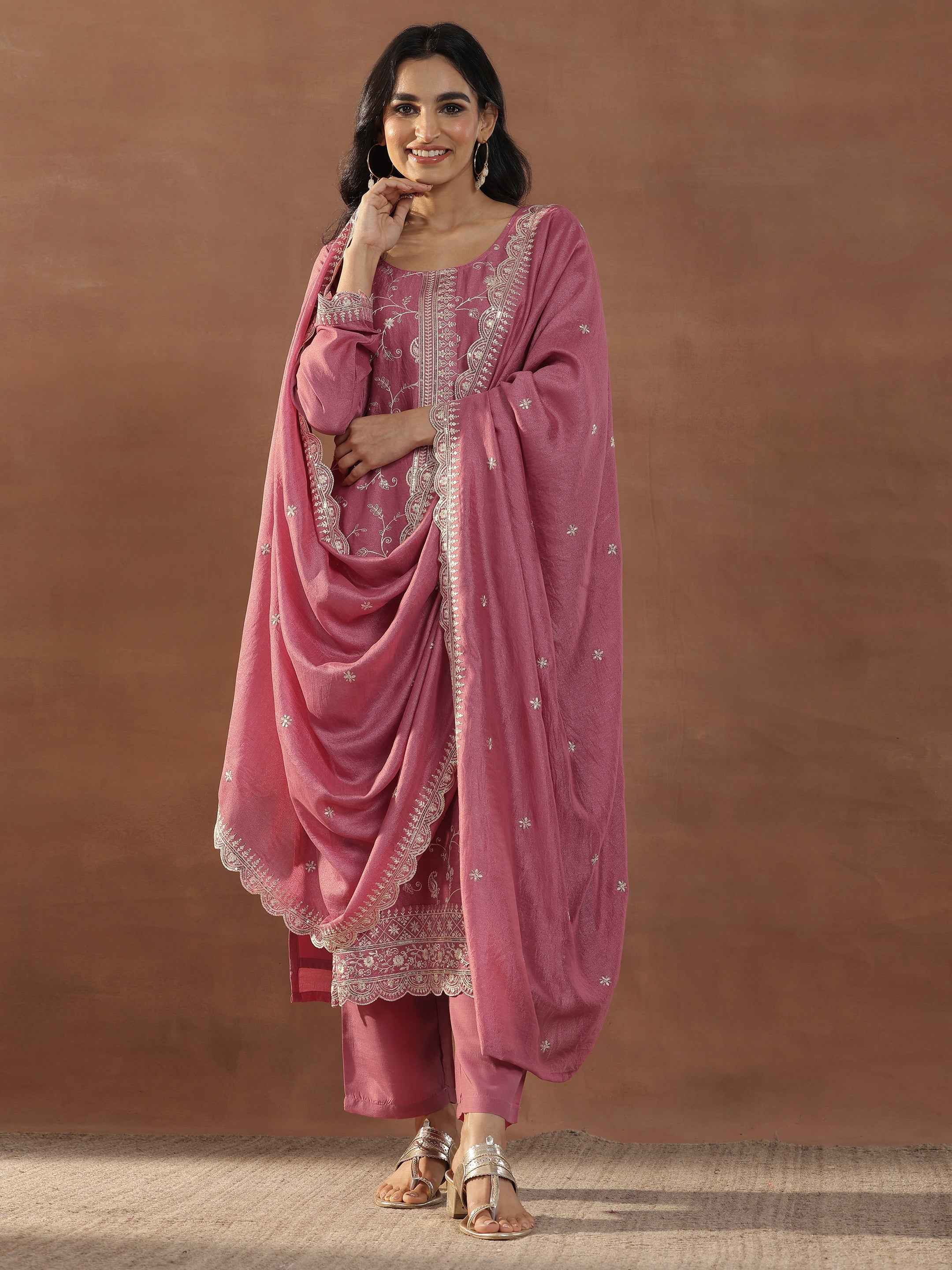 Pink Embroidered Silk Blend Straight Suits With Dupatta