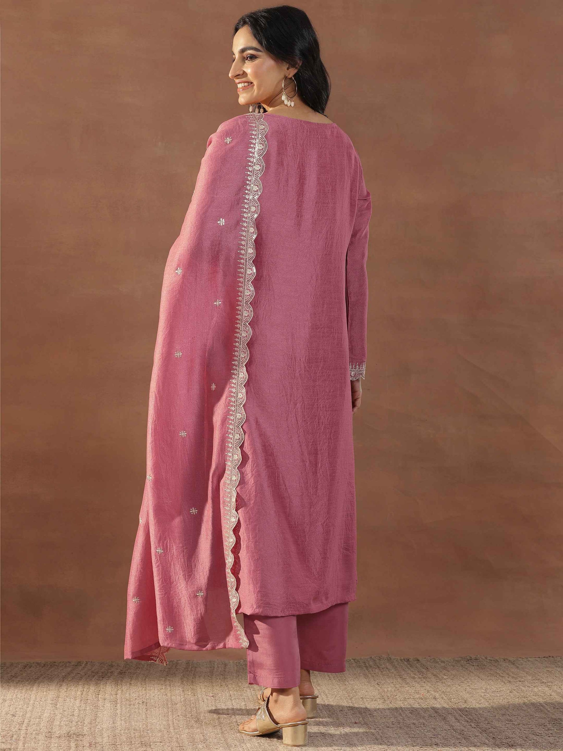 Pink Embroidered Silk Blend Straight Suits With Dupatta
