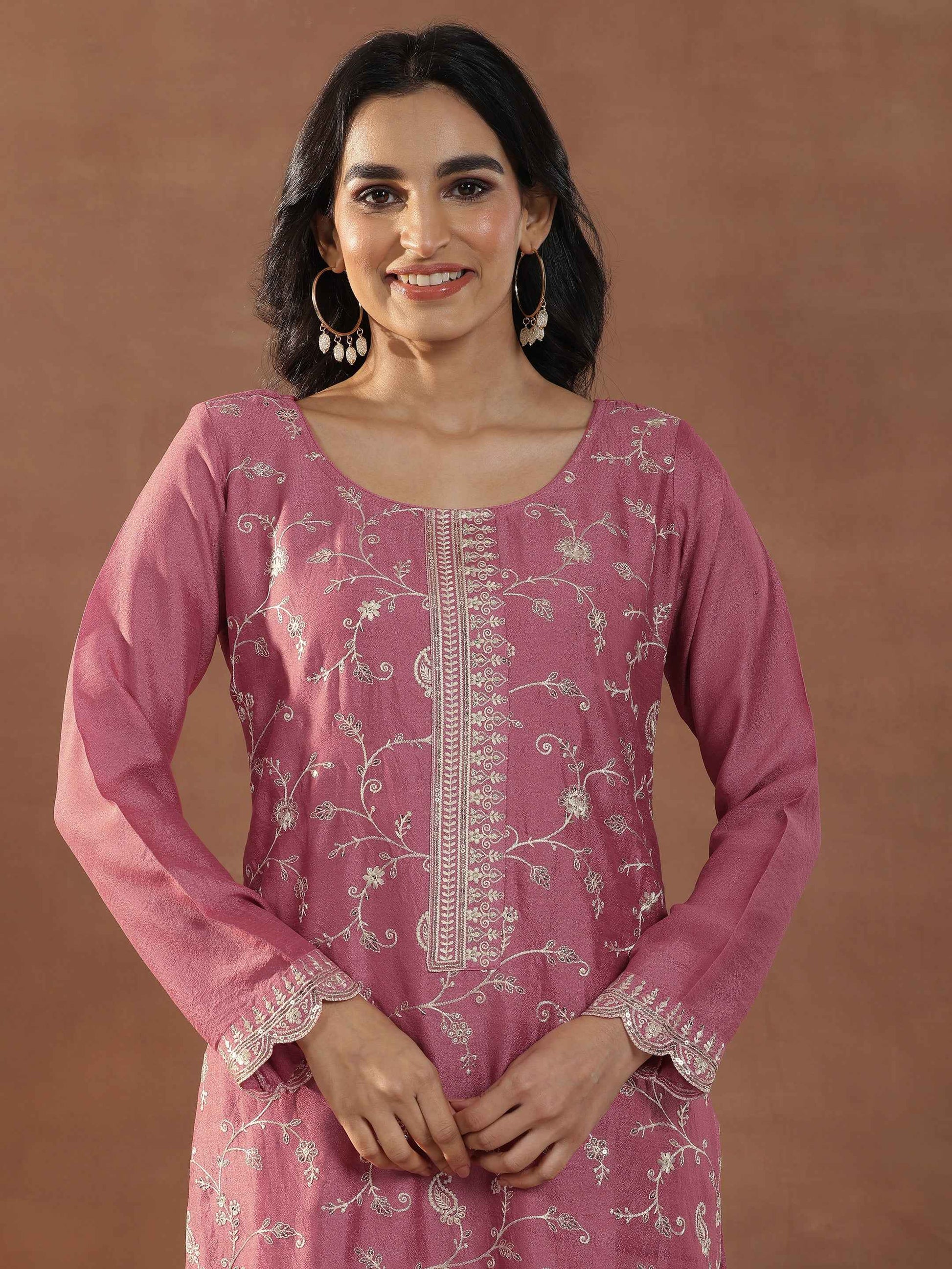 Pink Embroidered Silk Blend Straight Suits With Dupatta