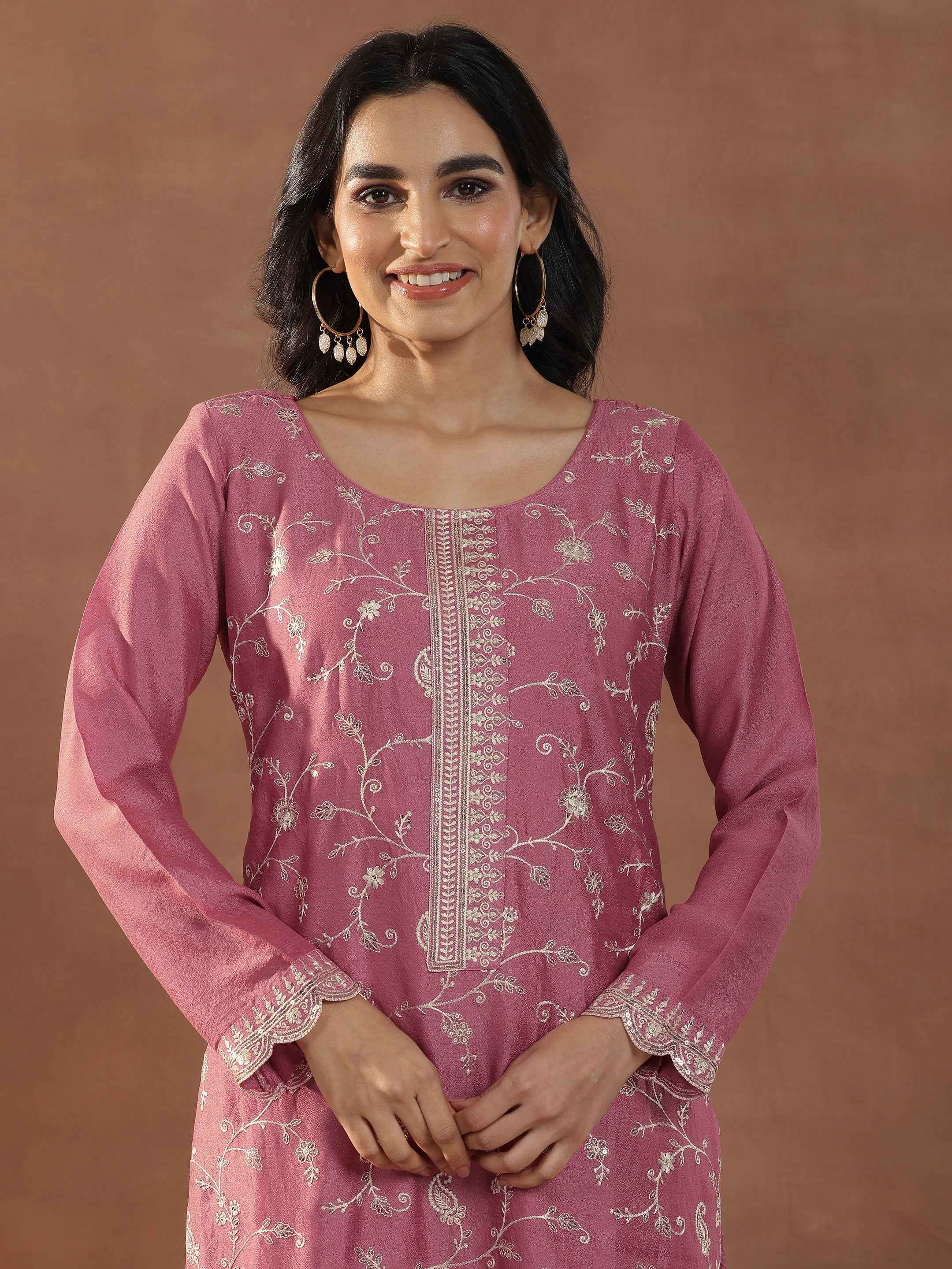 Pink Embroidered Silk Blend Straight Suits With Dupatta