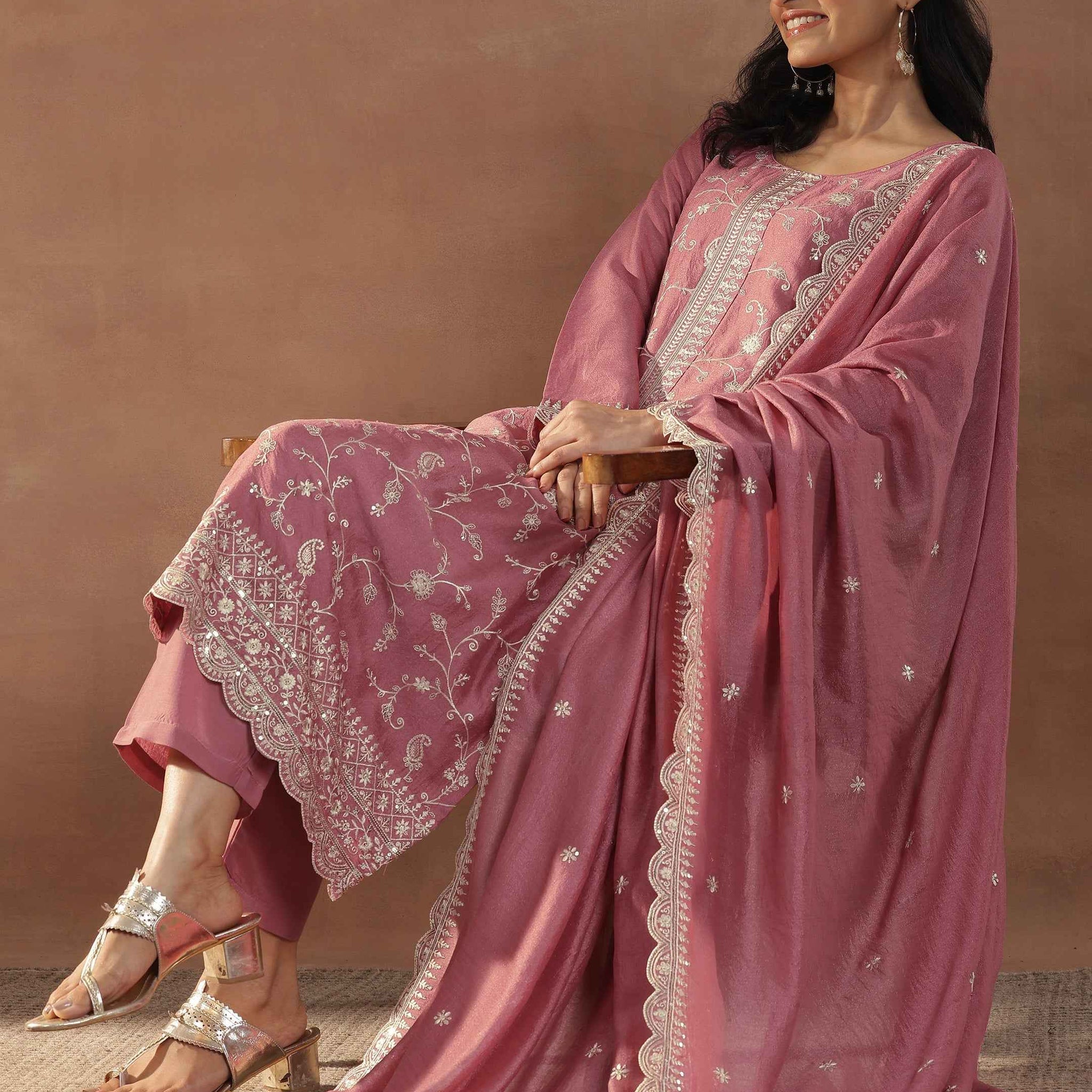 Pink Embroidered Silk Blend Straight Suits With Dupatta