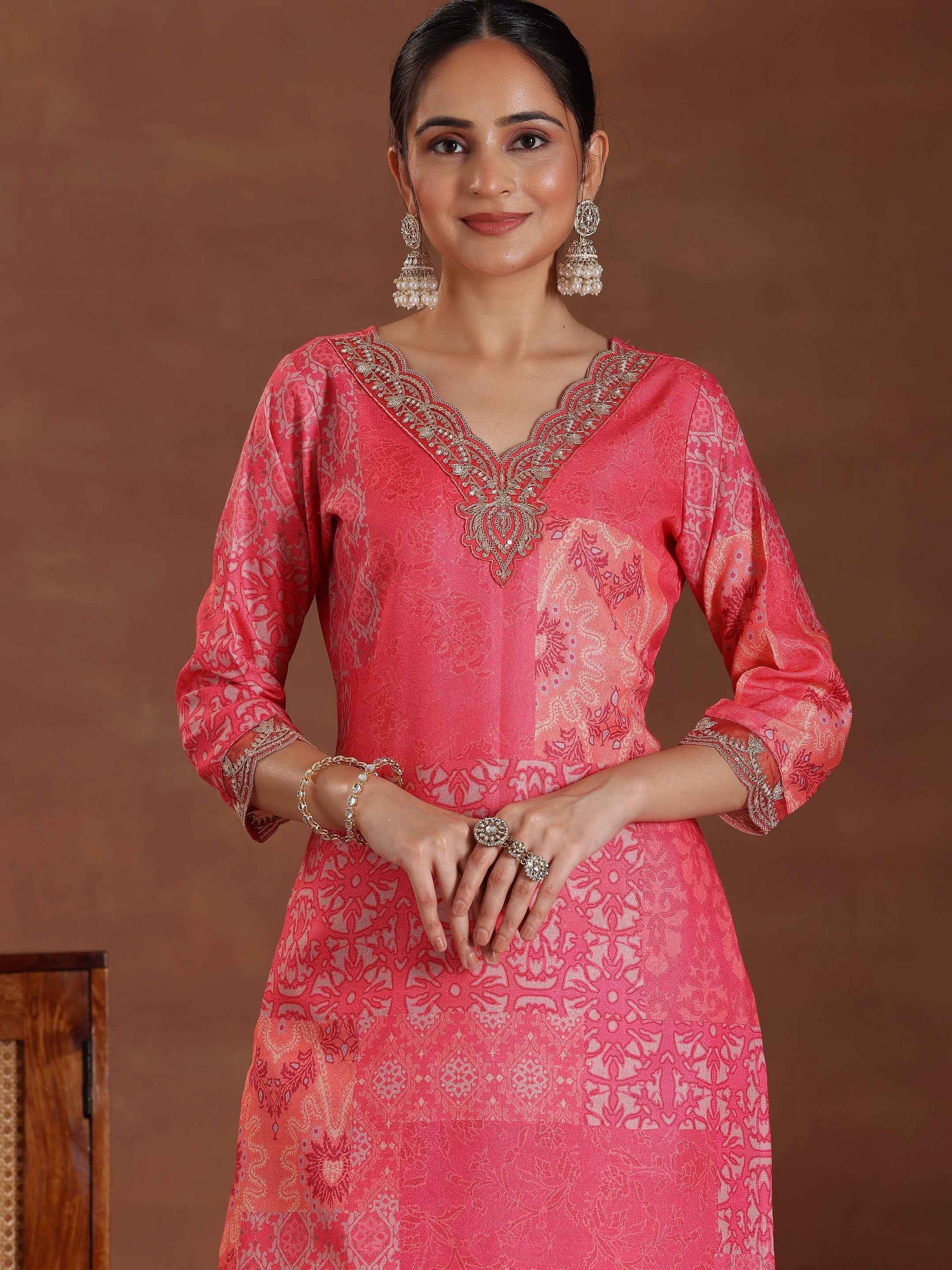 Pink Printed Cotton Blend Straight Suit With Dupatta