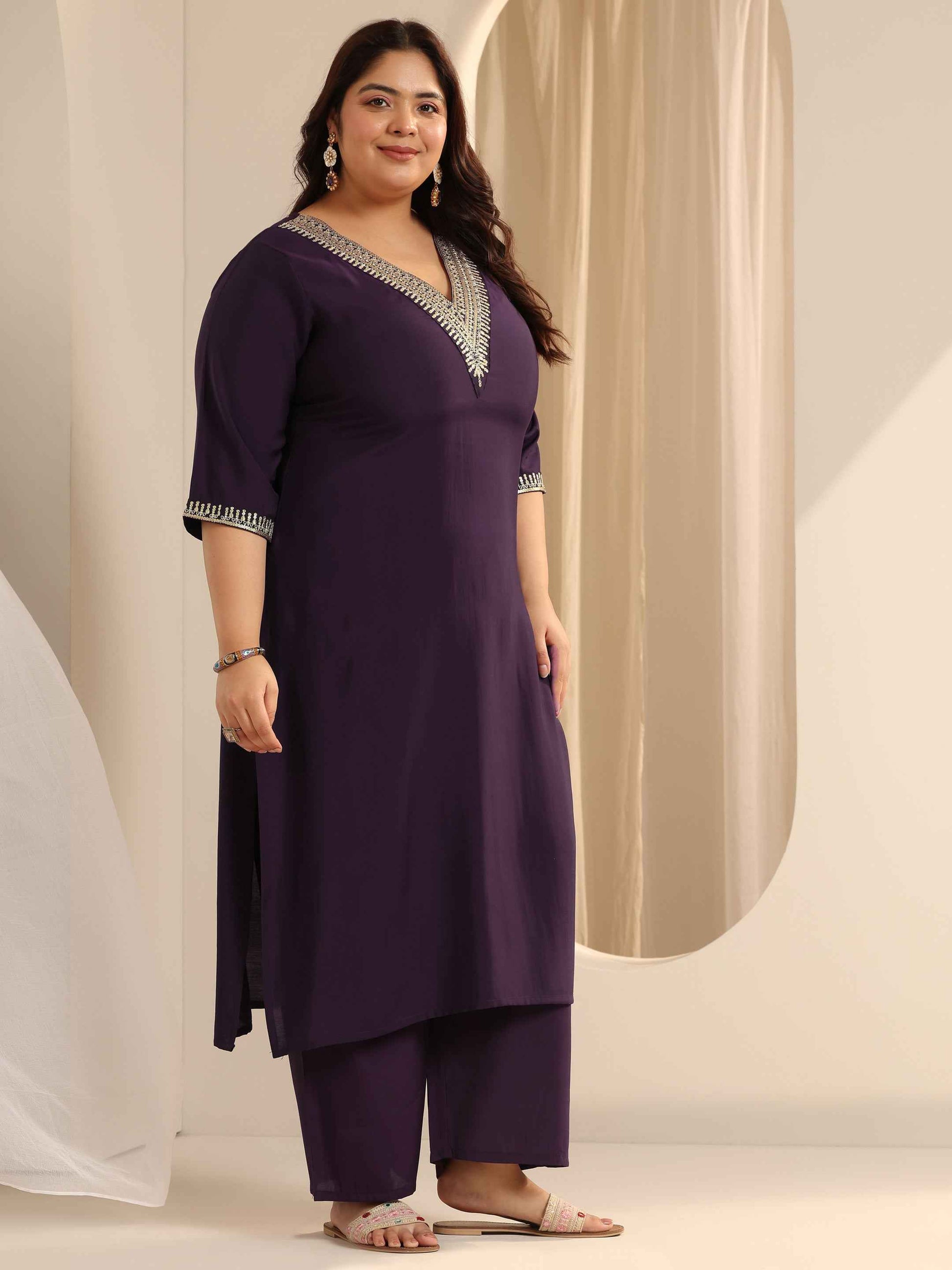 Plus Size Burgundy Yoke Design Silk blend Straight Suit Set With Dupatta