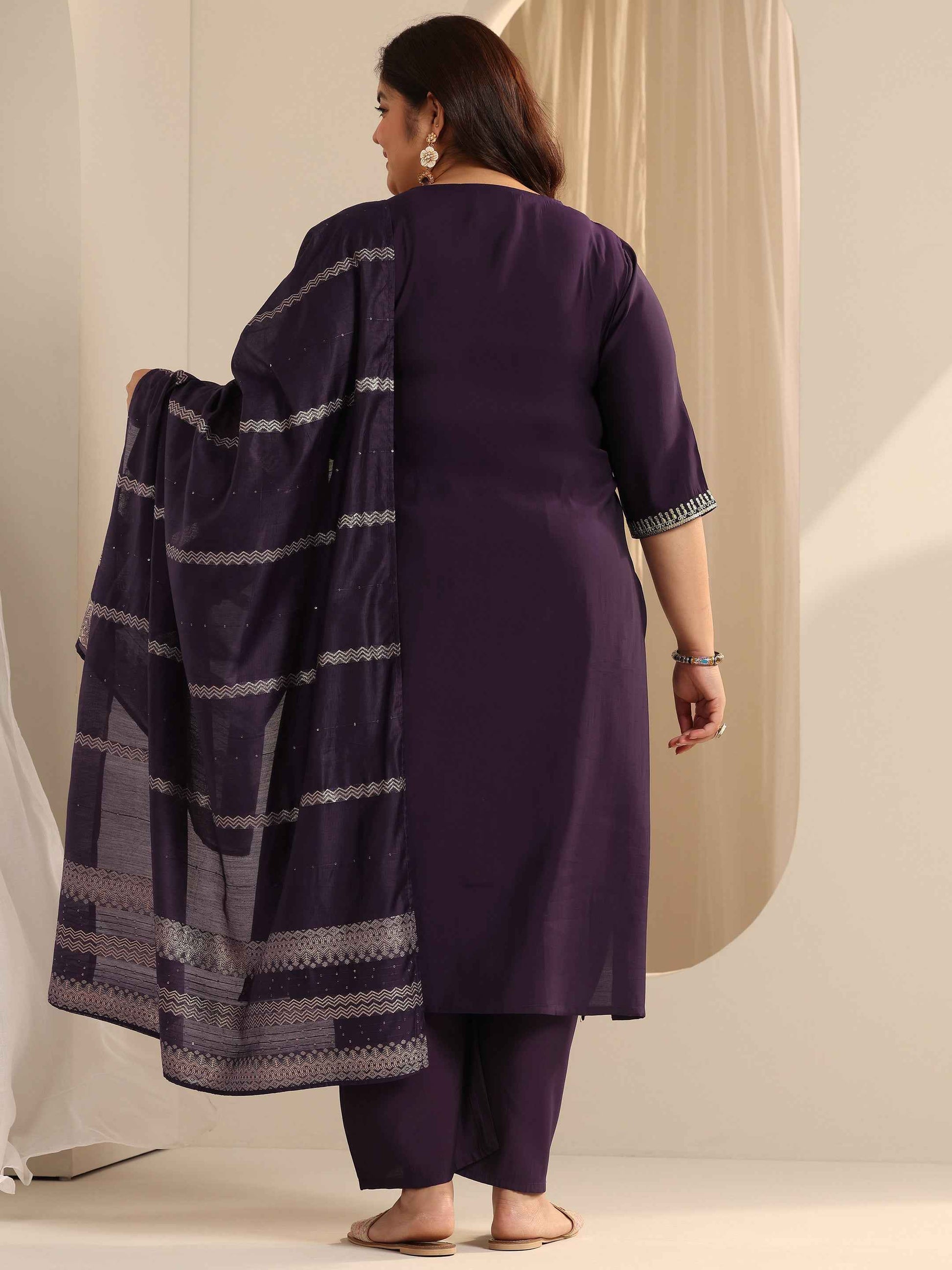 Plus Size Burgundy Yoke Design Silk blend Straight Suit Set With Dupatta