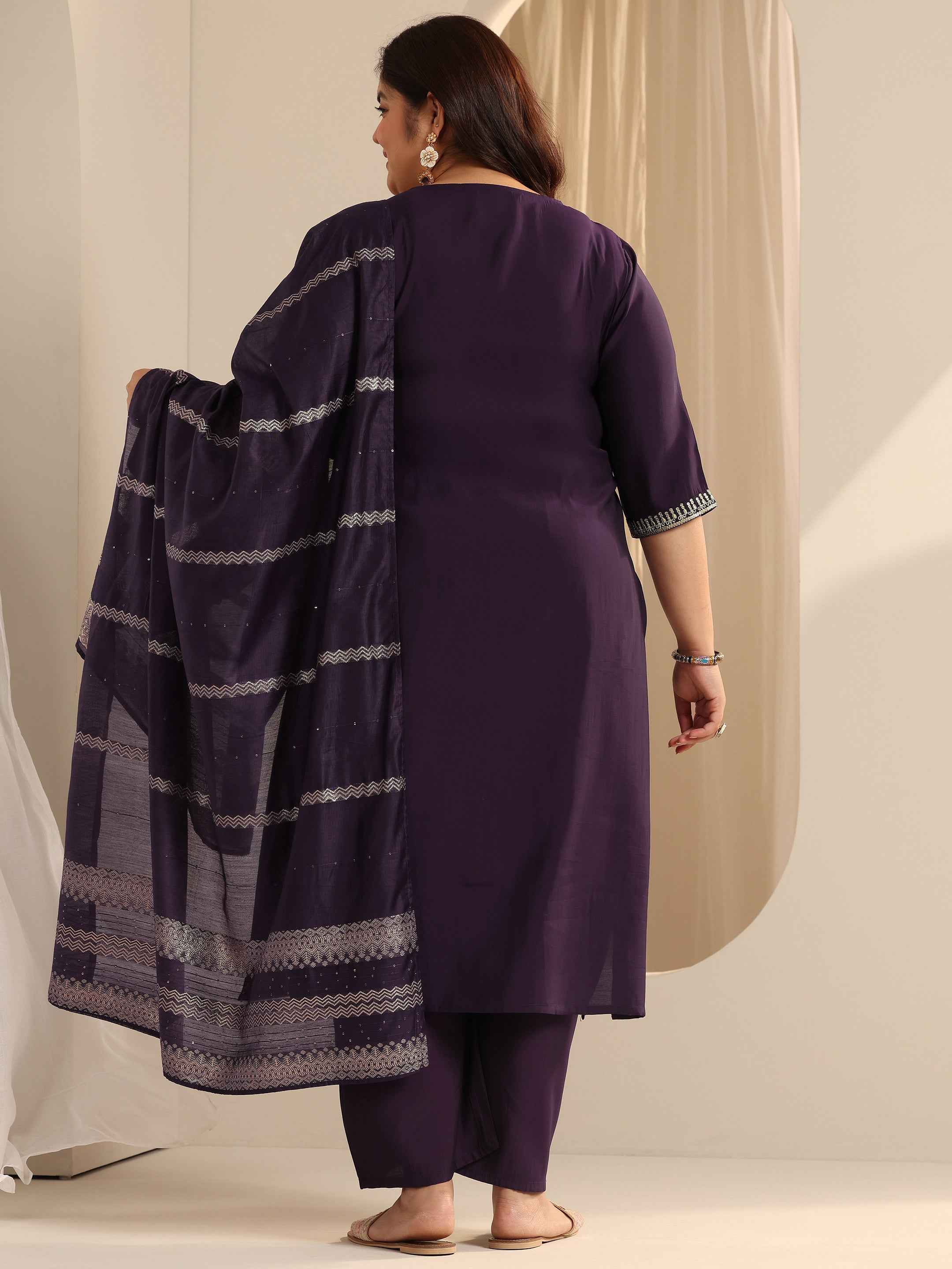 Plus Size Burgundy Yoke Design Silk blend Straight Suit Set With Dupatta