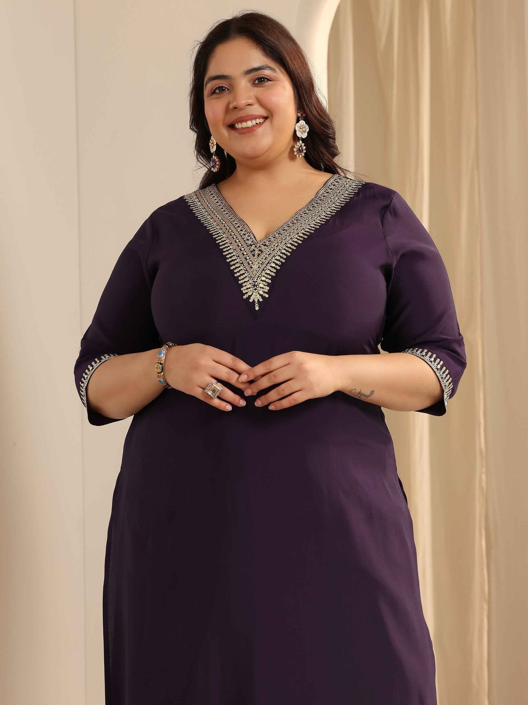 Plus Size Burgundy Yoke Design Silk blend Straight Suit Set With Dupatta