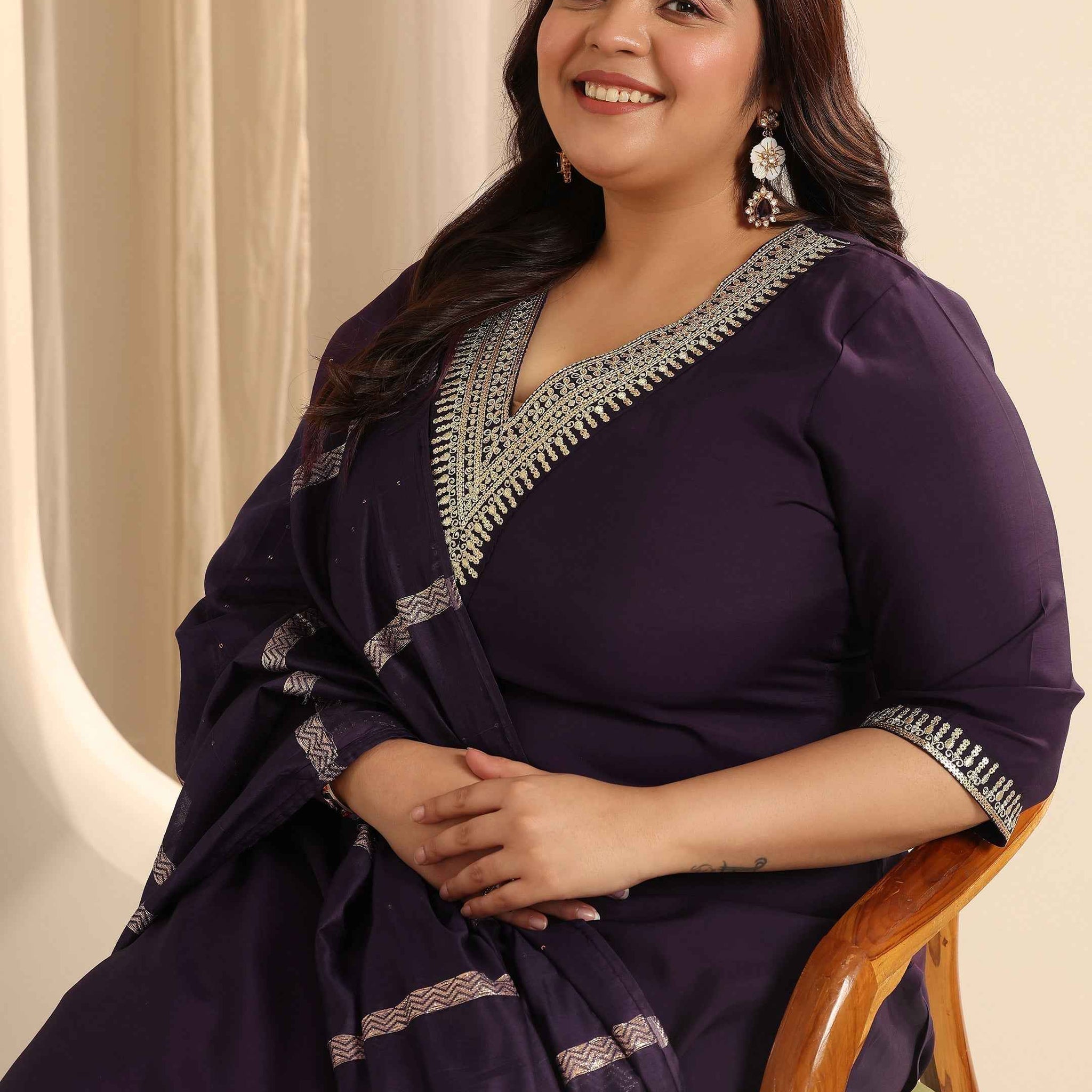 Plus Size Burgundy Yoke Design Silk blend Straight Suit Set With Dupatta