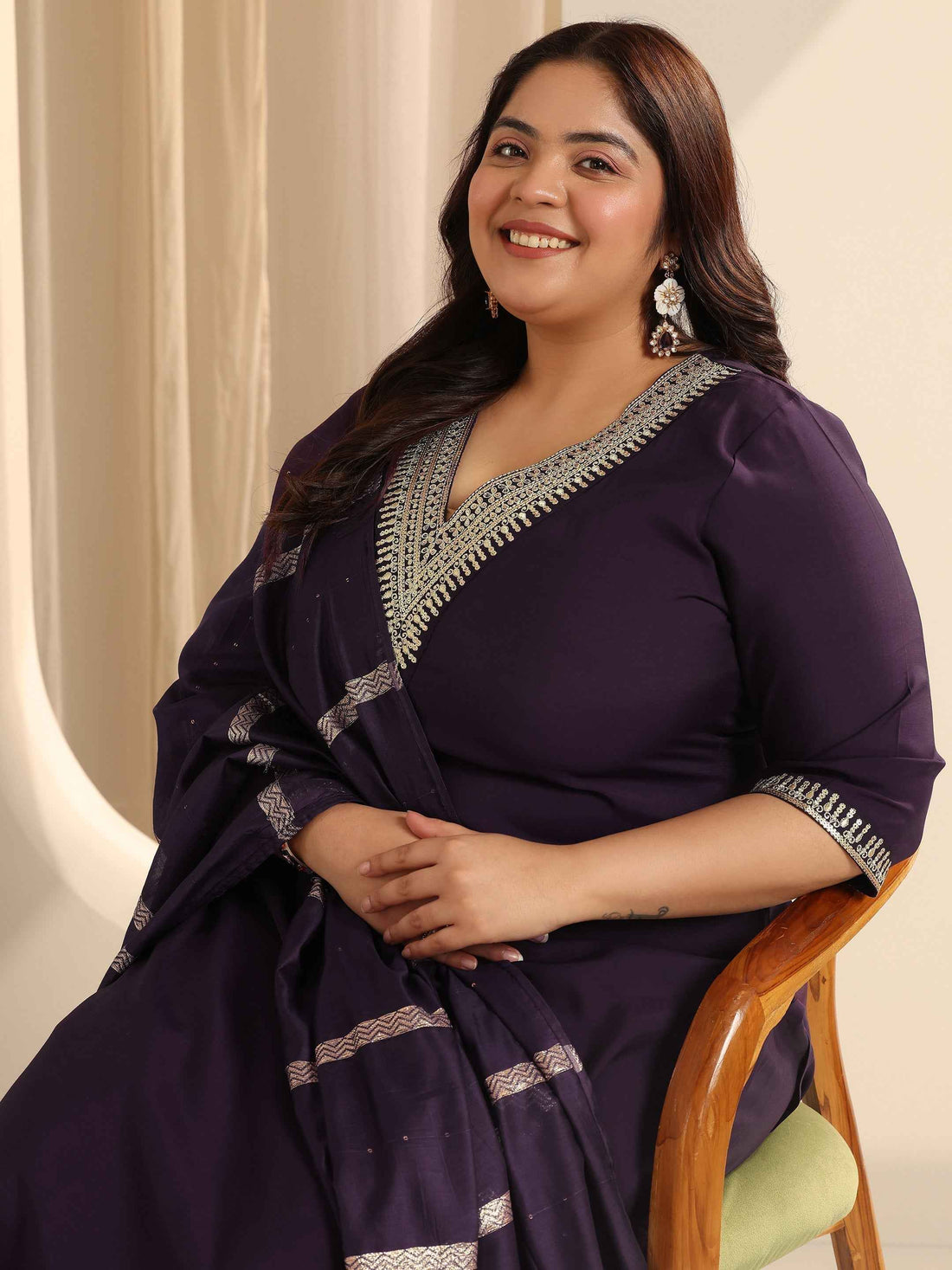 Plus Size Burgundy Yoke Design Silk blend Straight Suit Set With Dupatta