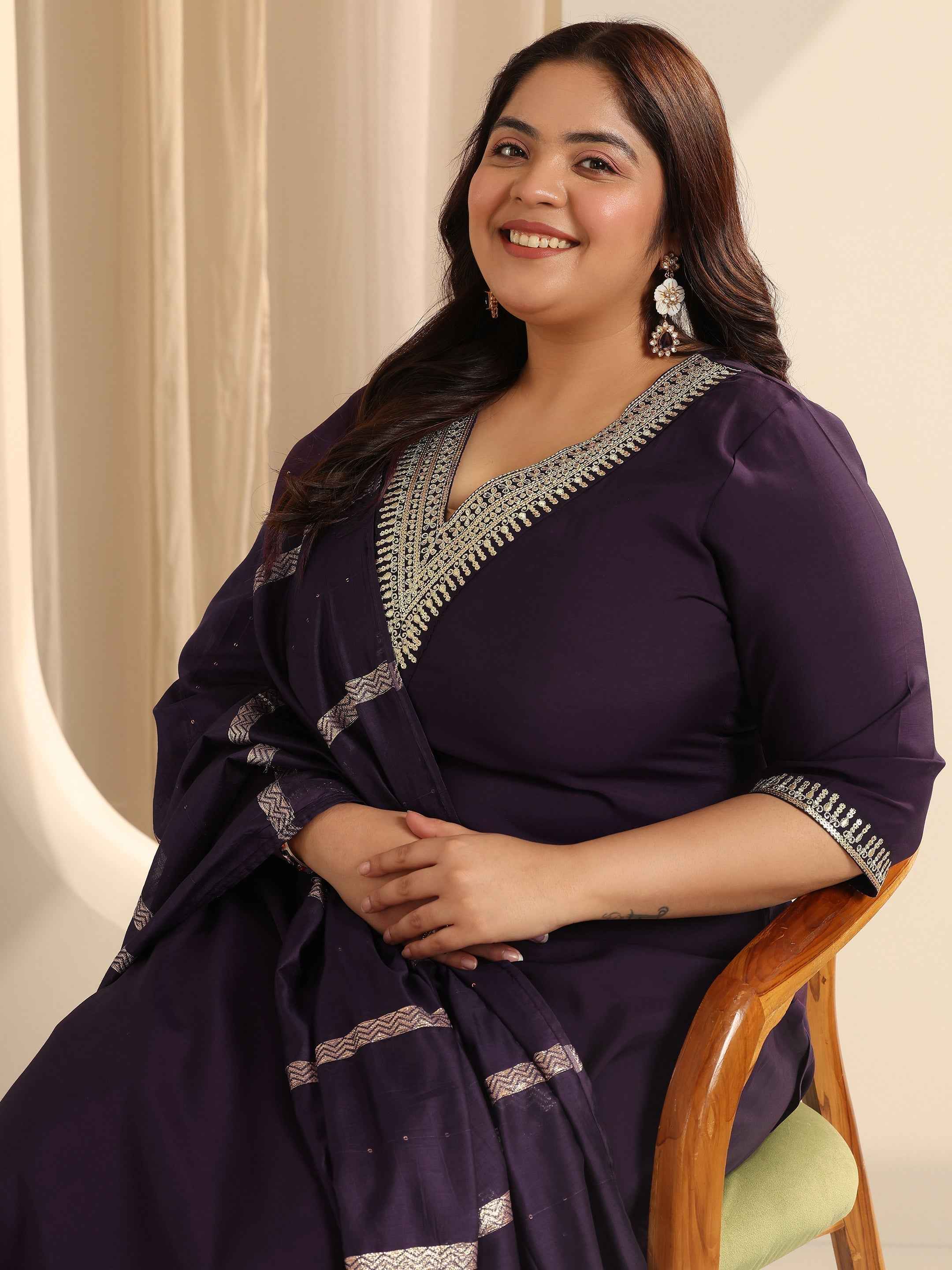 Plus Size Burgundy Yoke Design Silk blend Straight Suit Set With Dupatta