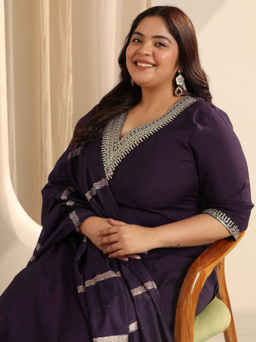 Plus Size Burgundy Yoke Design Silk blend Straight Suit Set With Dupatta