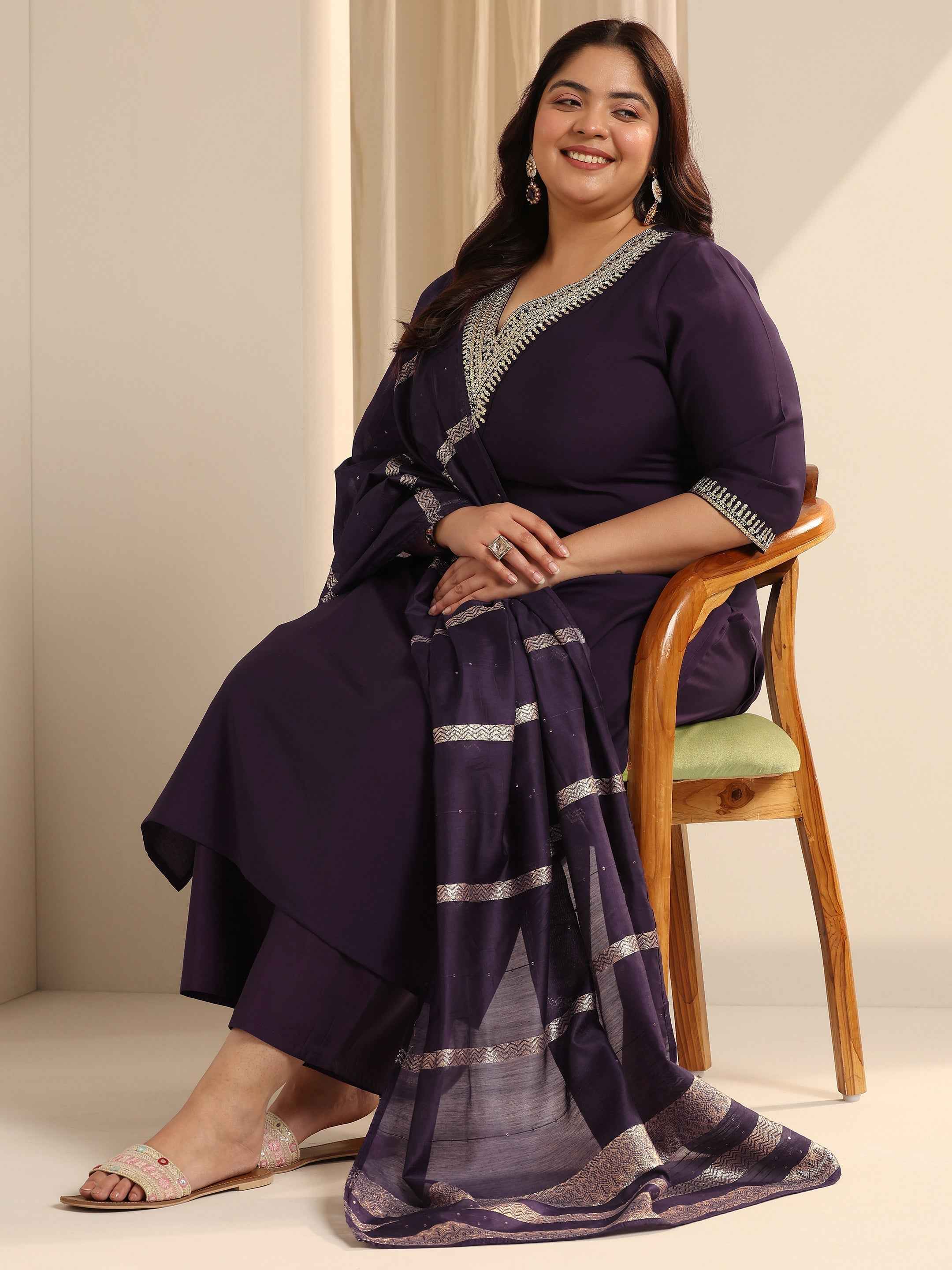 Plus Size Burgundy Yoke Design Silk blend Straight Suit Set With Dupatta