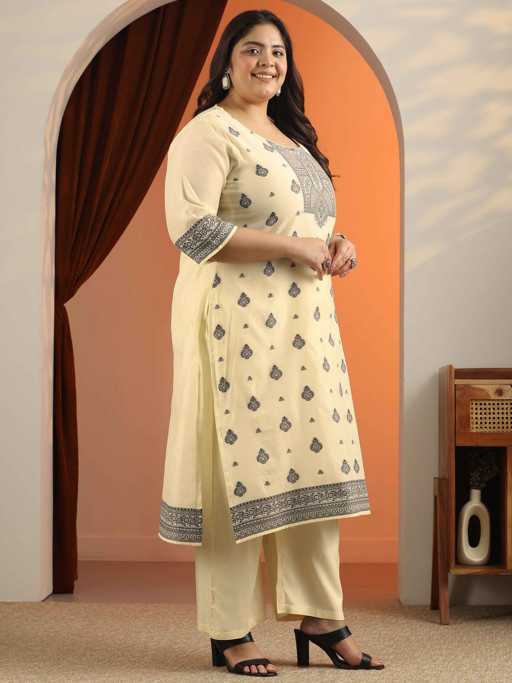 Plus Size Cream Woven Design Cotton Blend Straight Suit Set With Dupatta