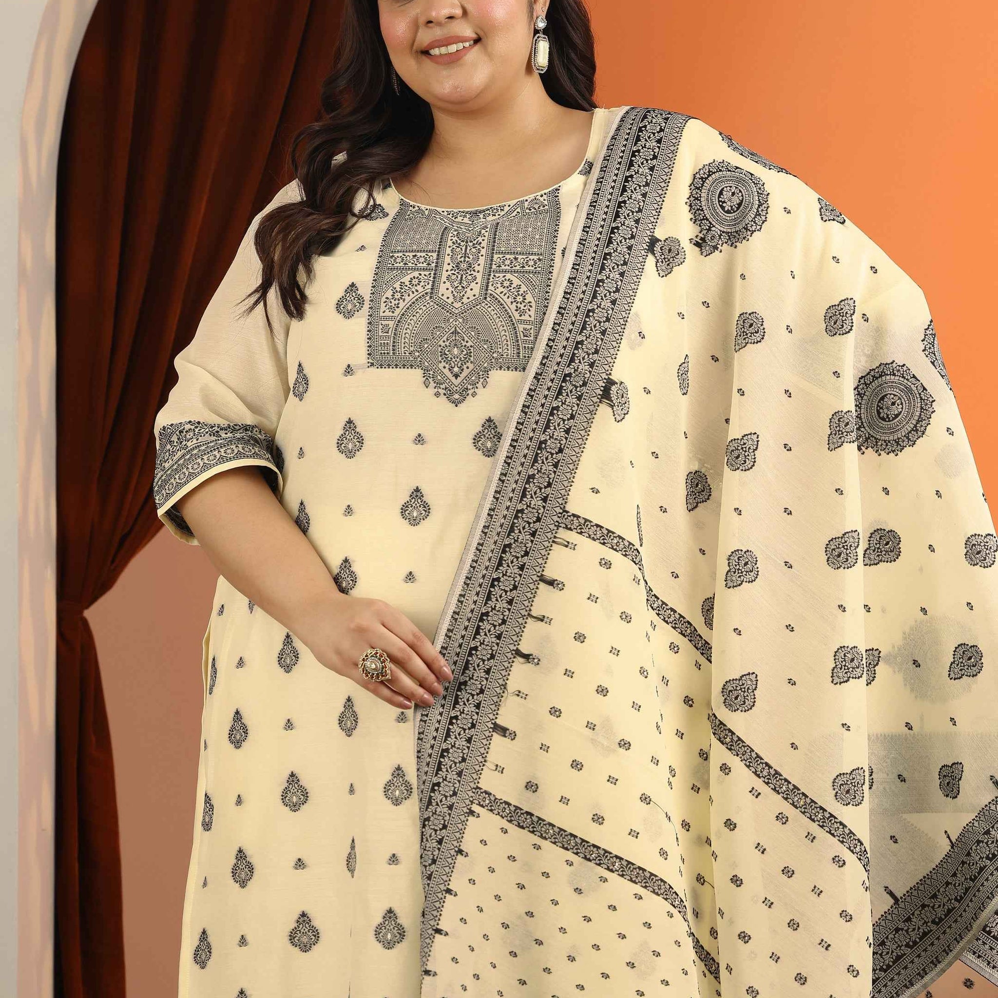 Plus Size Cream Woven Design Cotton Blend Straight Suit Set With Dupatta