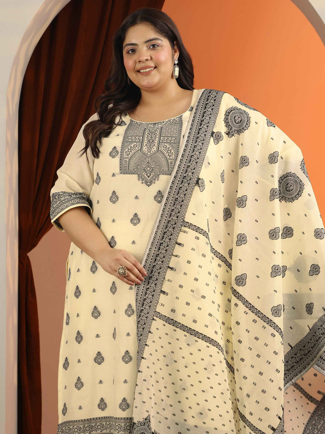 Plus Size Cream Woven Design Cotton Blend Straight Suit Set With Dupatta