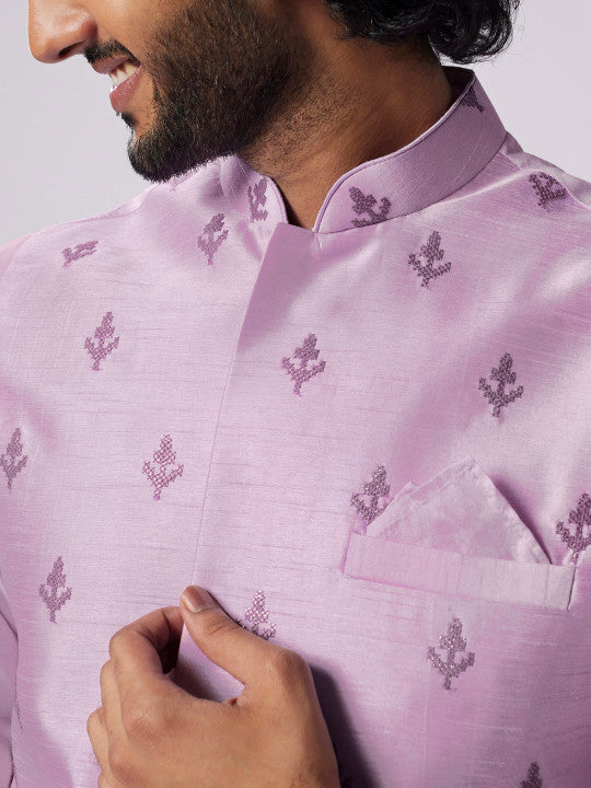 KISAH Mandarin Collar Kurta With Churidar & Embroidered Nehru Jacket