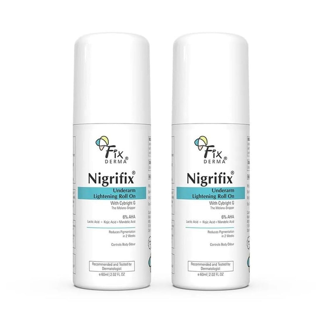FIXDERMA Nigrifix Underarm Roll On With 6% AHA, Lactic Acid & 1% Mandelic Acid & Kojic Acid | Brightens Skin & Exfoliates Underarm | For Sensitive Skin - 60Ml (Pack Of 2), For Unisex