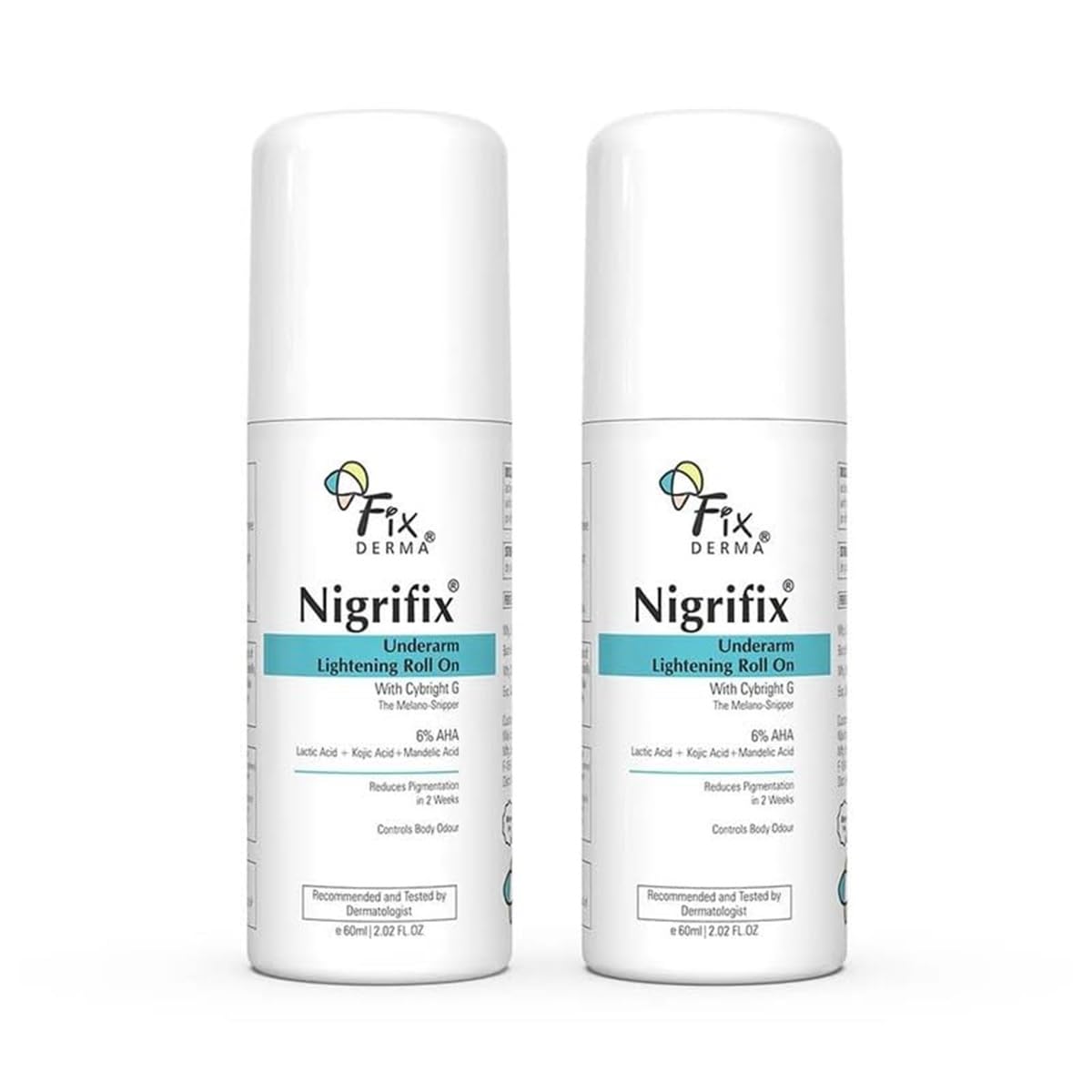 FIXDERMA Nigrifix Underarm Roll On With 6% AHA, Lactic Acid & 1% Mandelic Acid & Kojic Acid | Brightens Skin & Exfoliates Underarm | For Sensitive Skin - 60Ml (Pack Of 2), For Unisex