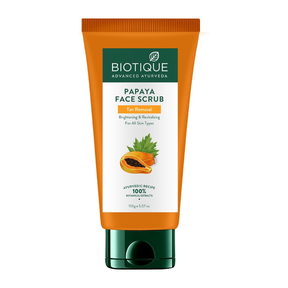 Biotique Papaya Tan Removal Brightening & Revitalizing Face Scrub | Gentle Exfoliation | Smooth and Clear Complexation | 100% Botanical Extracts| Suitable for All Skin Types | 235g