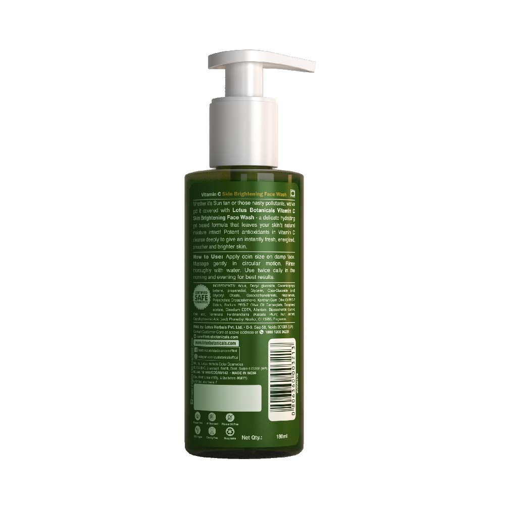 Lotus Botanicals Vitamin C Skin Brightening Face Wash | 100x Vitamin C | Brightens & Deep Cleanses Skin | Removes Dirt and Impurities | Refreshes Skin | Fades Dark Spots | No Toxic Chemicals | For Women and Men| 180ml