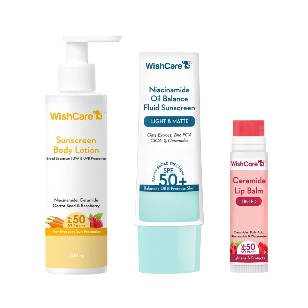 WishCare Sunscreen Body Lotion For All Skin Type with SPF 50 PA+++ - Broad Spectrum UVA & UVB Protection, No White Cast, Enriched with Carrot Seed & Raspberry - Body Sunscreen Lotion 200ml