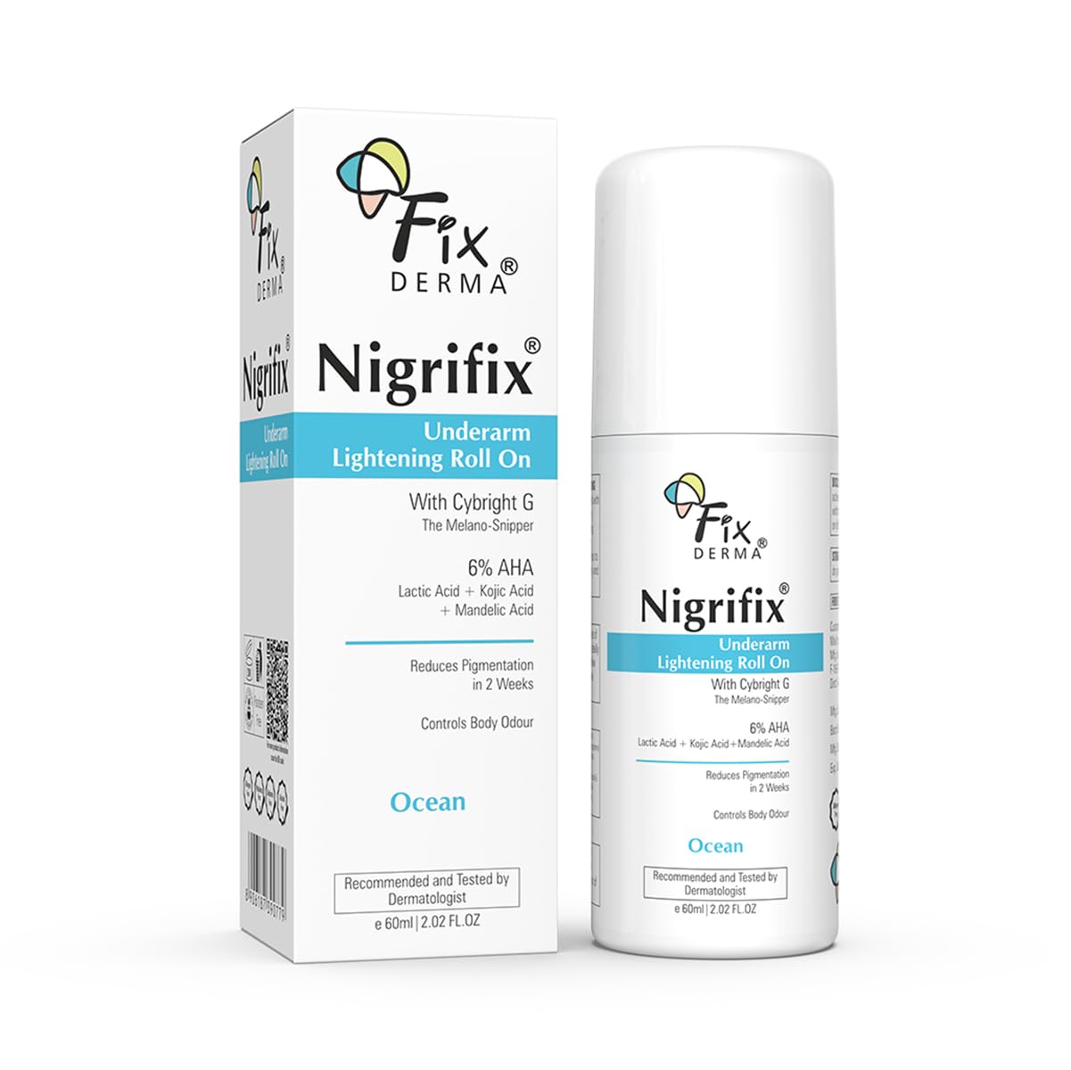 FIXDERMA Nigrifix Underarm Roll On With 6% AHA, Lactic Acid & 1% Mandelic Acid & Kojic Acid | Brightens Skin & Exfoliates Underarm | For Sensitive Skin - 60Ml (Pack Of 2), For Unisex