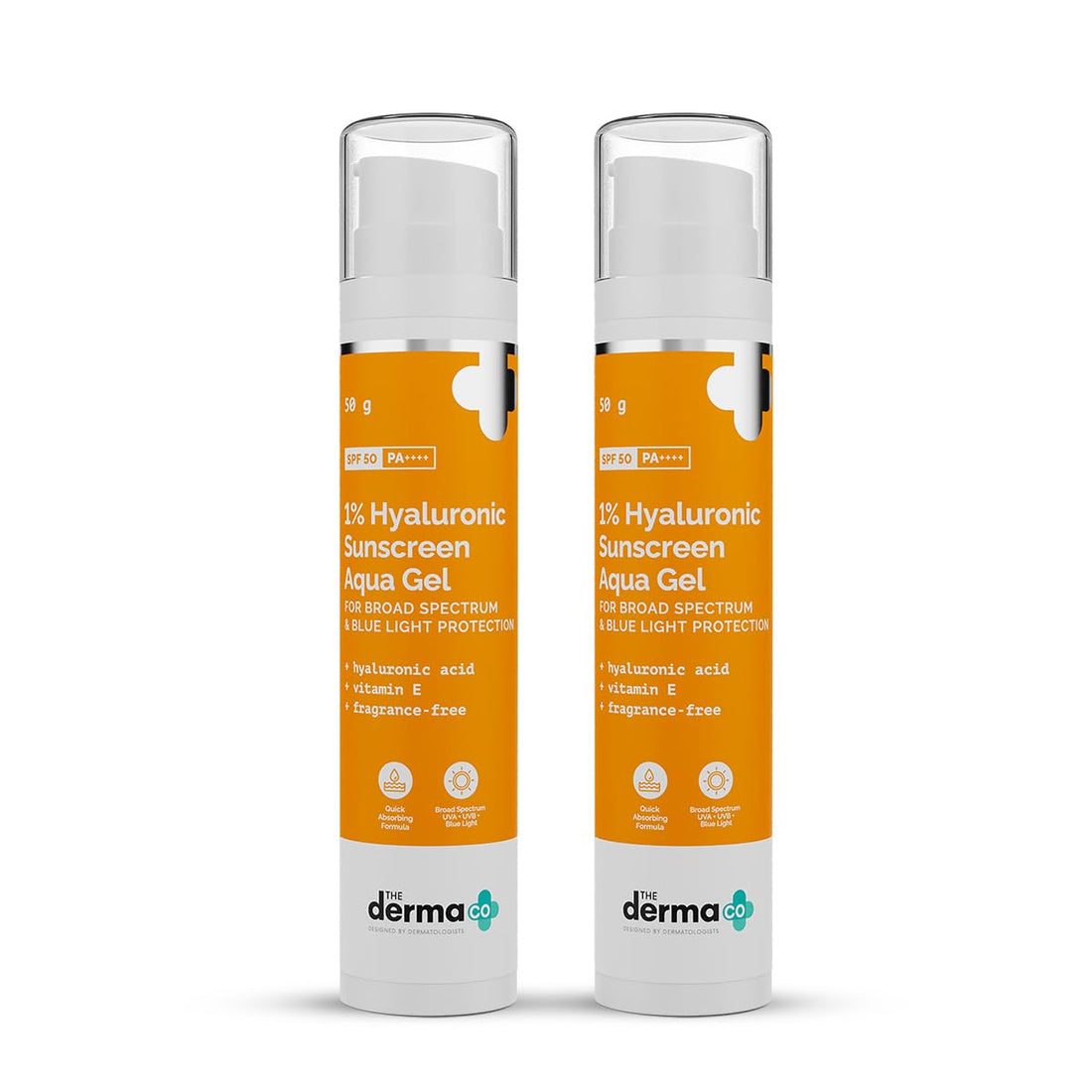 The Derma Co 1% Hyaluronic Sunscreen Aqua Gel SPF 50 PA++++ | Hyaluronic Acid for Deep, Long Lasting Hydration | Ultra Lightweight Texture I Non-Greasy, No White Cast | Broad Spectrum Protection & Blue Light Protection | For Men & Women | 50 g x 2