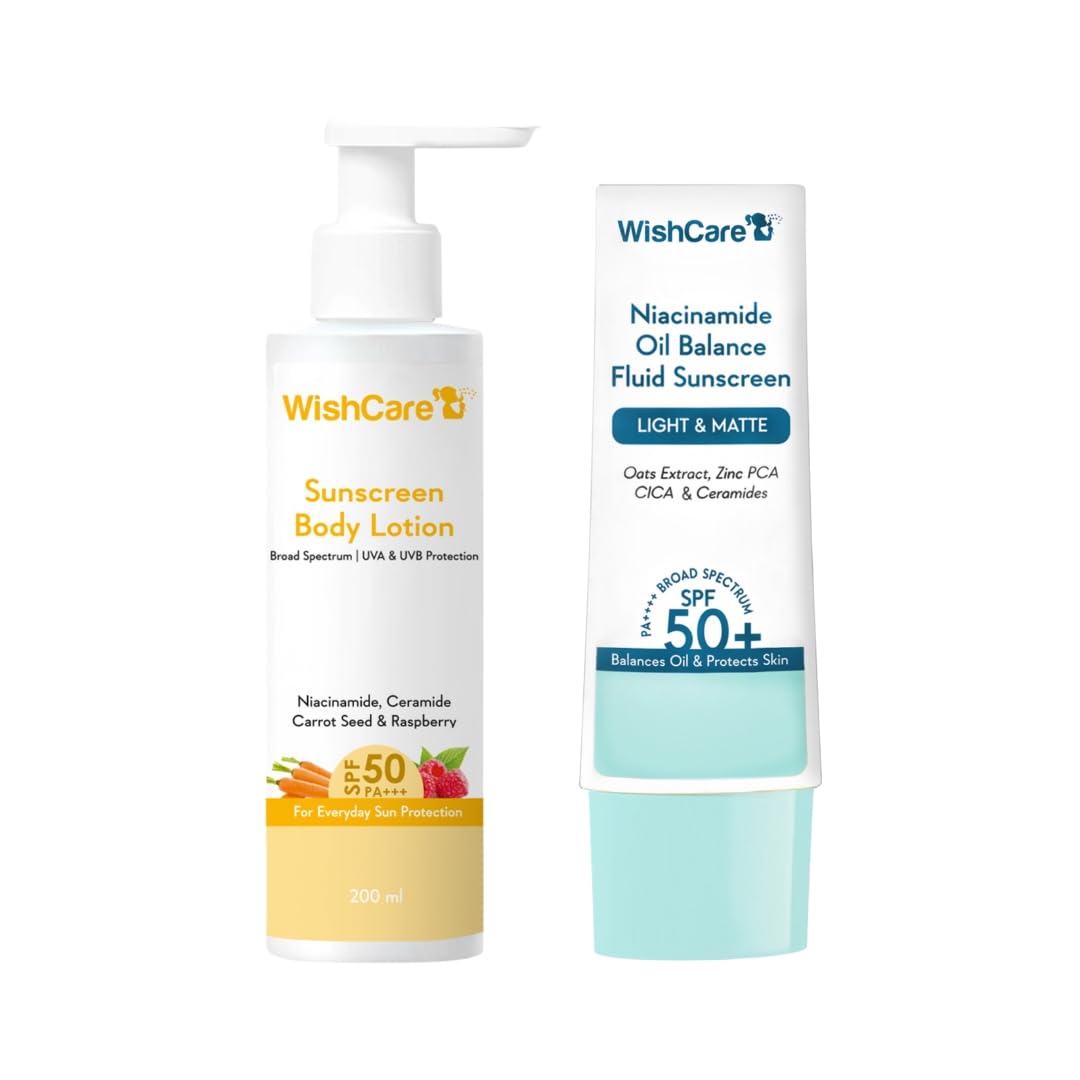 WishCare Sunscreen Body Lotion For All Skin Type with SPF 50 PA+++ - Broad Spectrum UVA & UVB Protection, No White Cast, Enriched with Carrot Seed & Raspberry - Body Sunscreen Lotion 200ml