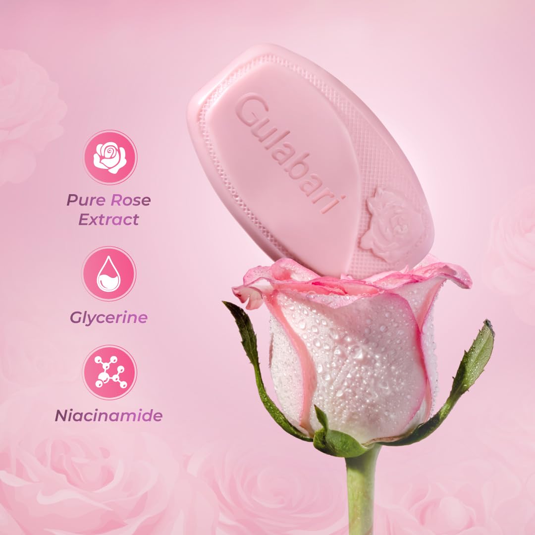 Dabur Gulabari Pure Rose Soap 150g (Pack of 4) | Moisturizing Bathing Soap for Radiant Glowing Skin & Body | Glycerine & Niacinamide | Long Lasting Fragrance | For Men & Women