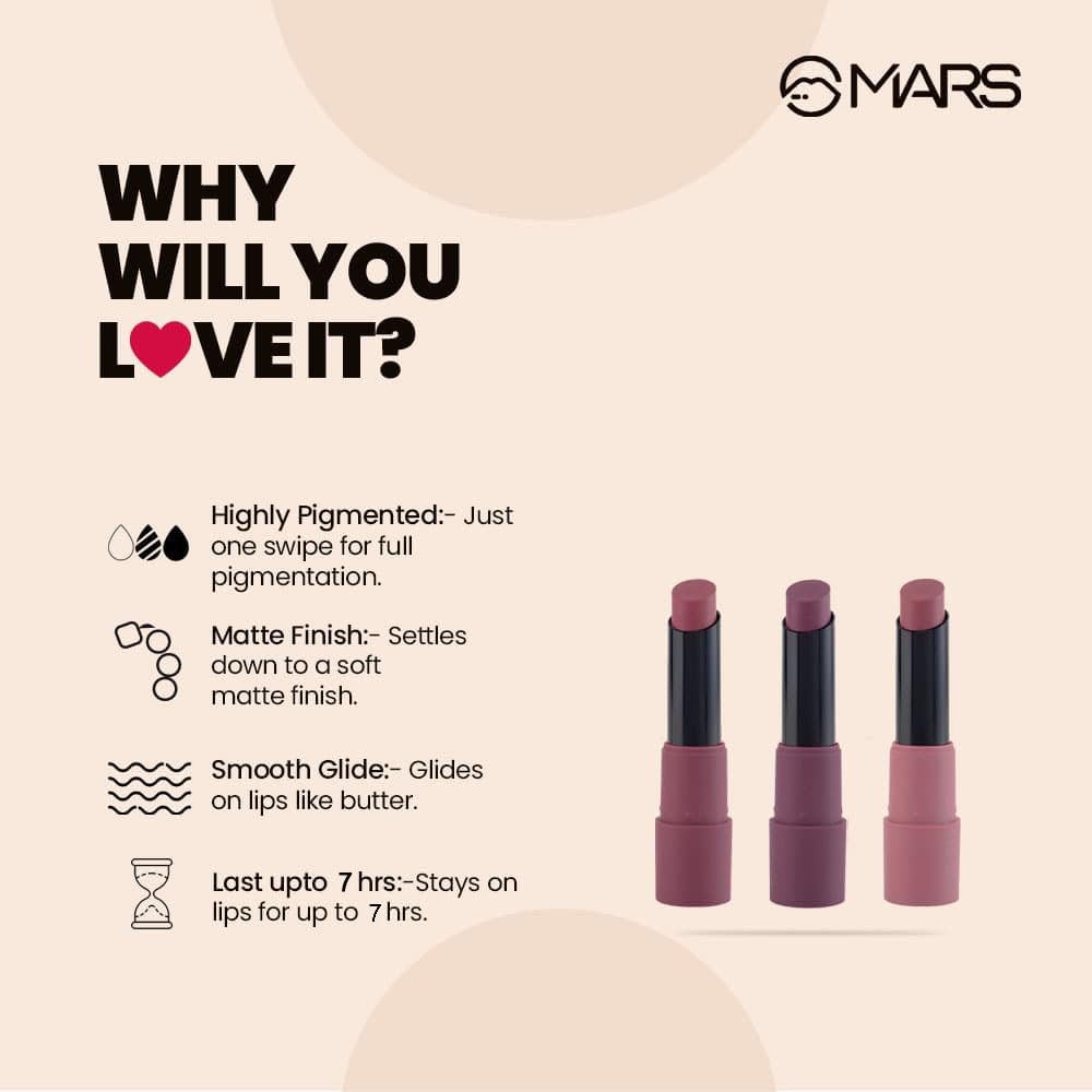 MARS Matte Box Set of 3 Lipsticks for Women | Long-Lasting | Smooth Finish | Moisturising | One Swipe Pigmentation (3x3.2 gm) (03-Plum)