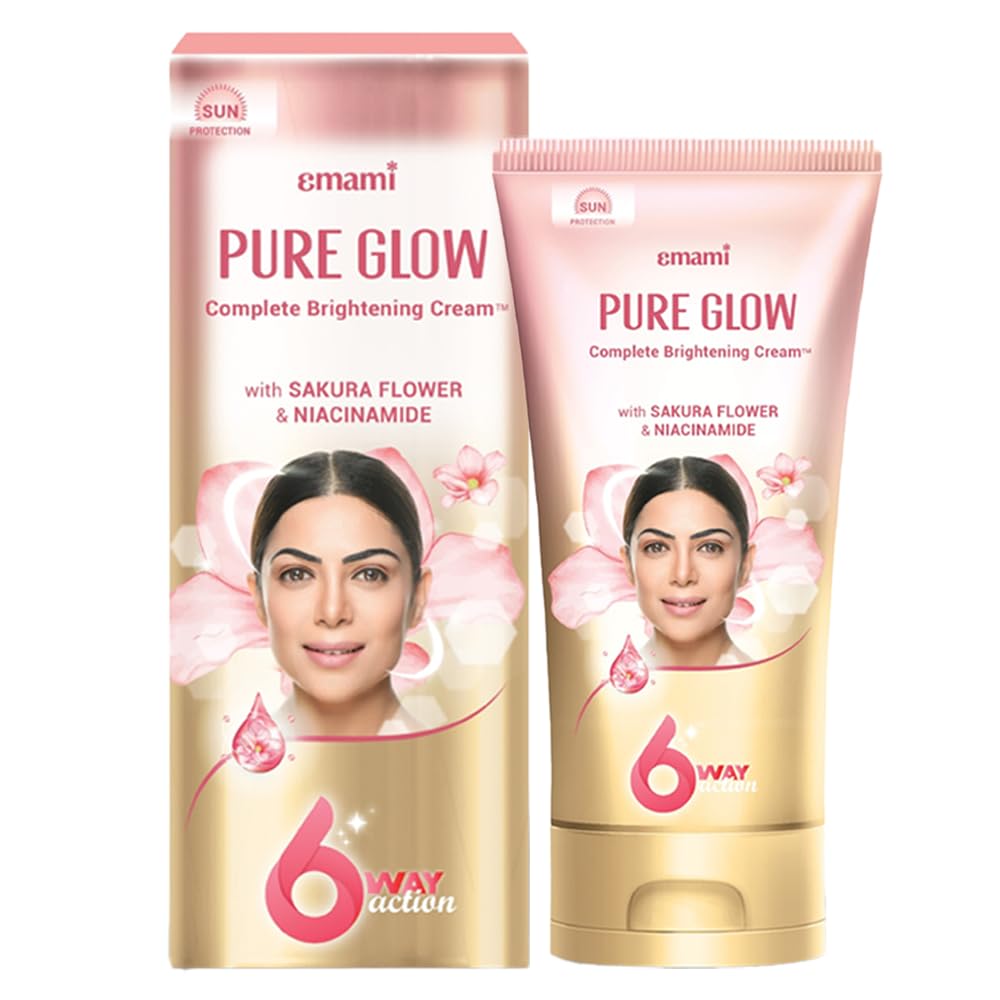 Emami Pure Glow Complete Brightening Cream 50g | with Japanese Sakura Flower & Niacinamide for 2X Brightness & +50% Moisturisation | Mineral-Oil Free, Paraben-Free