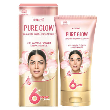 Emami Pure Glow Complete Brightening Cream 50g | with Japanese Sakura Flower & Niacinamide for 2X Brightness & +50% Moisturisation | Mineral-Oil Free, Paraben-Free