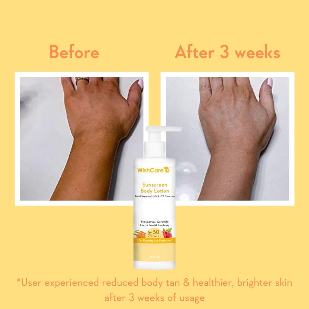 WishCare Sunscreen Body Lotion For All Skin Type with SPF 50 PA+++ - Broad Spectrum UVA & UVB Protection, No White Cast, Enriched with Carrot Seed & Raspberry - Body Sunscreen Lotion 200ml