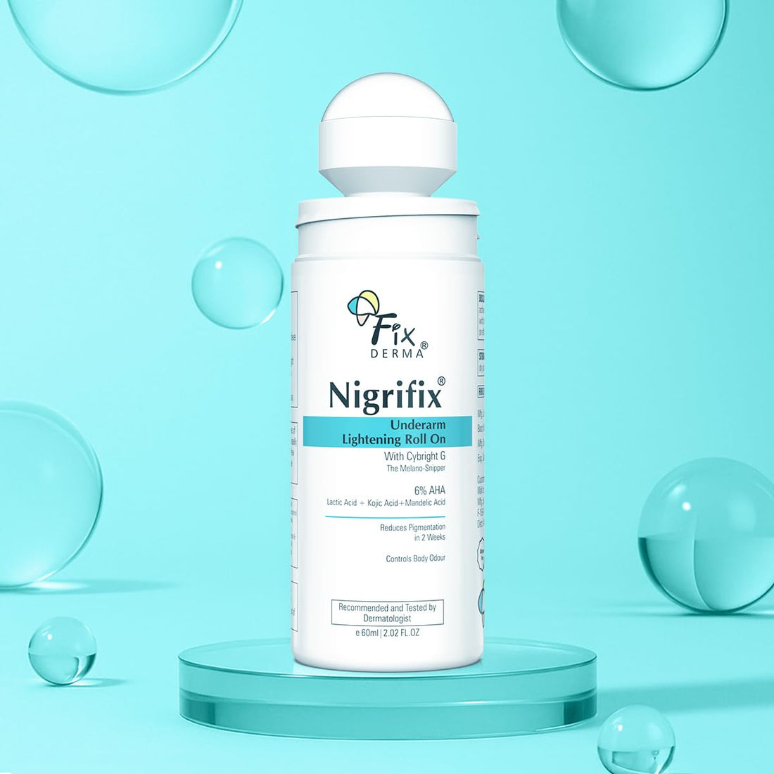 FIXDERMA Nigrifix Underarm Roll On With 6% AHA, Lactic Acid & 1% Mandelic Acid & Kojic Acid | Brightens Skin & Exfoliates Underarm | For Sensitive Skin - 60Ml (Pack Of 2), For Unisex