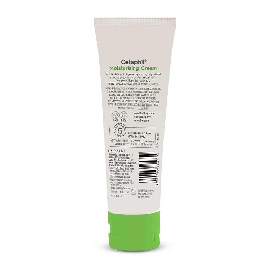 Cetaphil Moisturising Cream for Face & Body, 80g | 48Hr Hydration with Niacinamide, Panthenol & Glycerin | For Dry to Normal Skin | Paraben-Free, Hypoallergenic, Non-Greasy