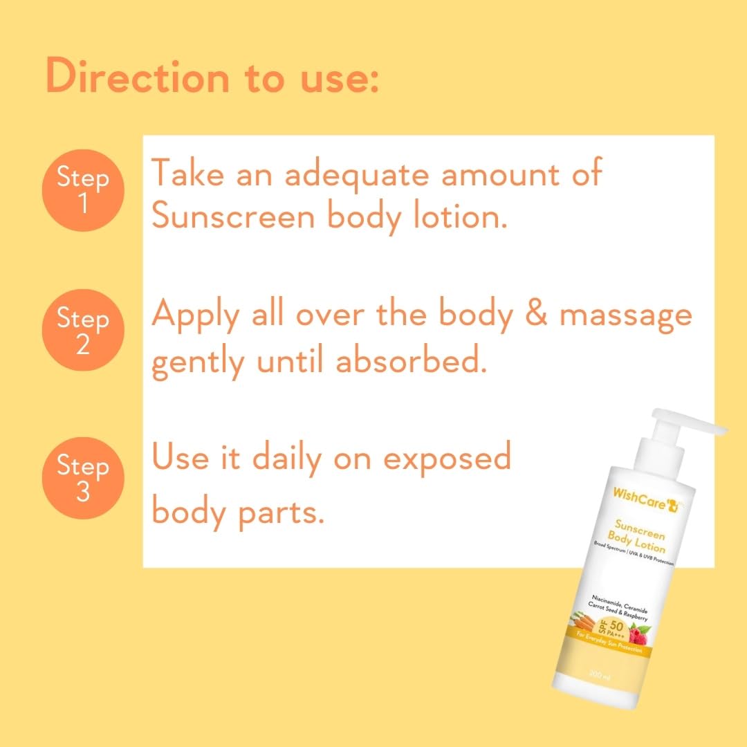 WishCare Sunscreen Body Lotion For All Skin Type with SPF 50 PA+++ - Broad Spectrum UVA & UVB Protection, No White Cast, Enriched with Carrot Seed & Raspberry - Body Sunscreen Lotion 200ml