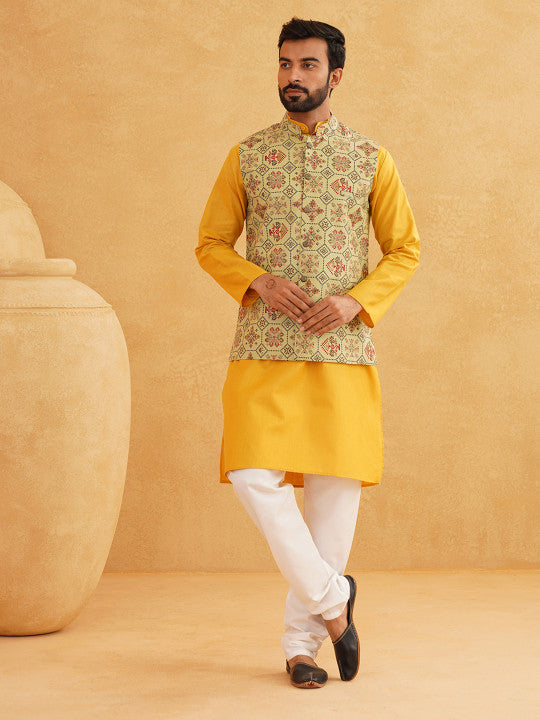 SOJANYA Men Mustard Yellow Pure Cotton Kurta with Churidar & Nehru Jacket