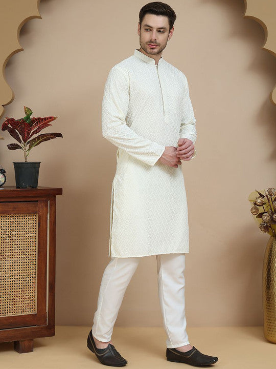 Anouk Floral Embroidered Mandarin Collar Sequinned Straight Kurta With Pyjamas