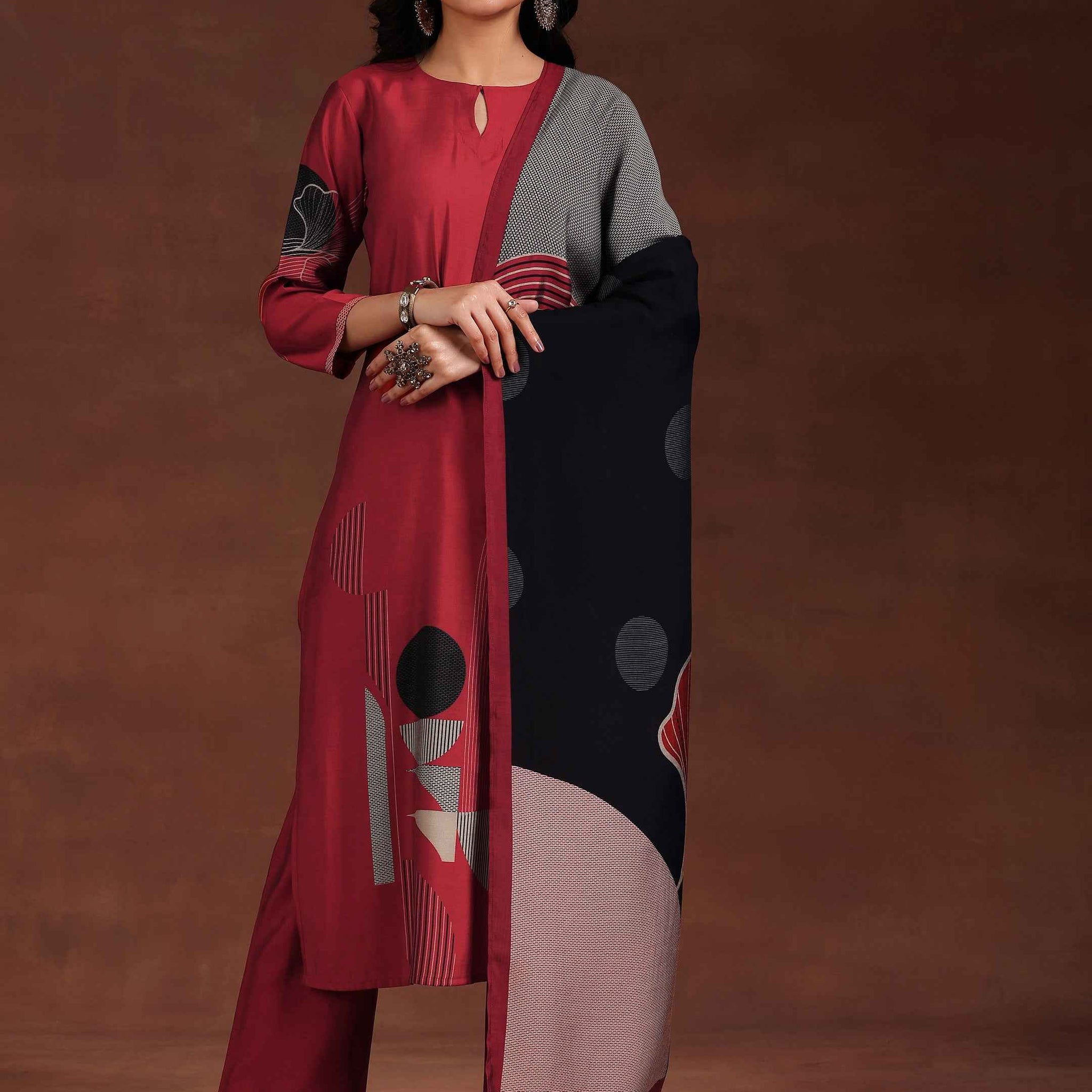 Maroon Printed Silk Blend Straight Suit With Dupatta