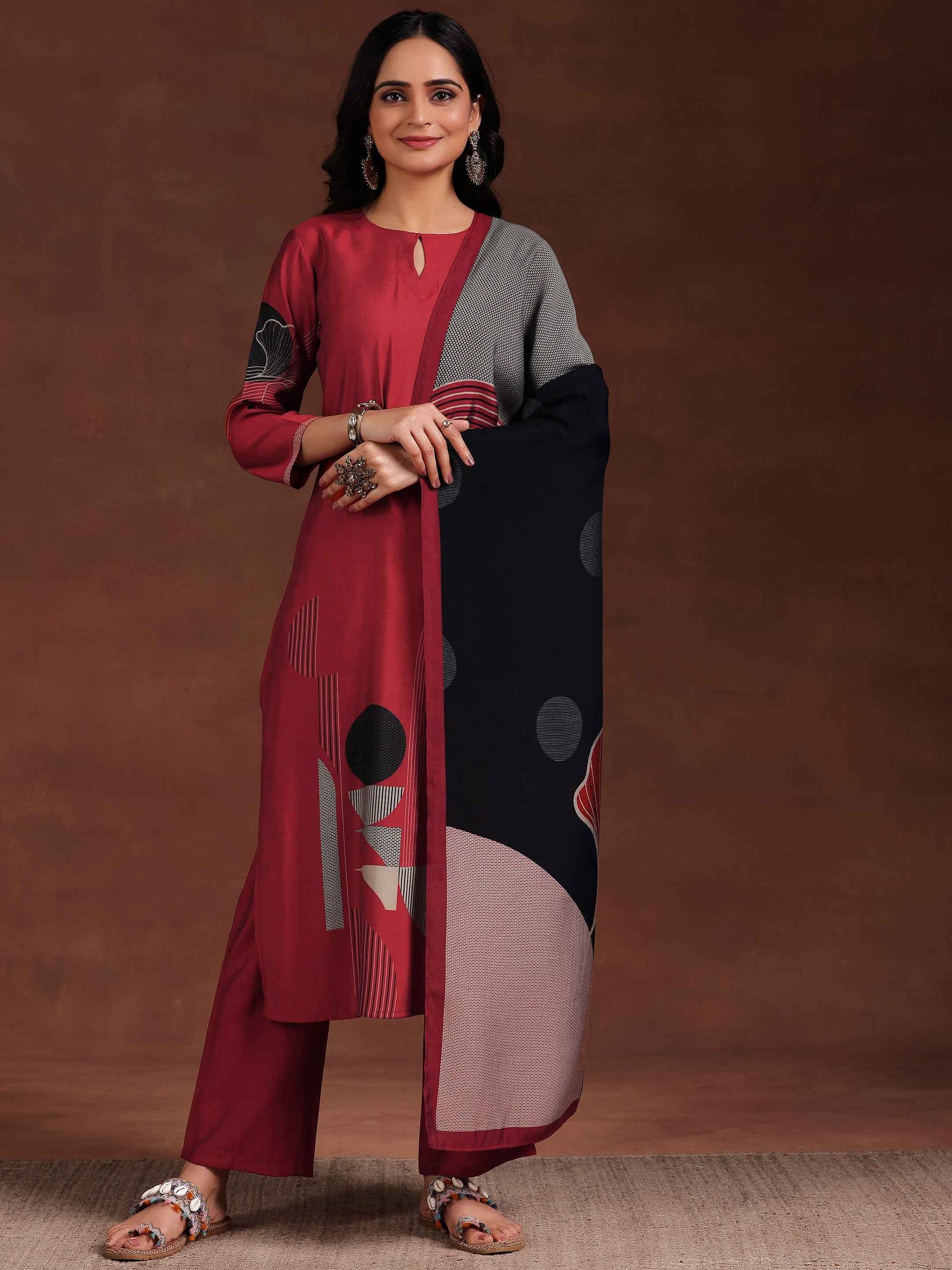 Maroon Printed Silk Blend Straight Suit With Dupatta