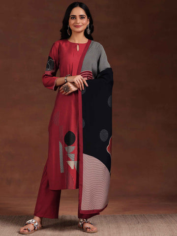 Maroon Printed Silk Blend Straight Suit With Dupatta
